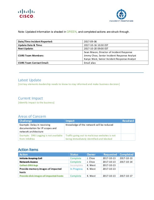 incident response services template cisco security incident management situation report
