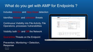 What do you get with AMP for Endpoints ?
Includes Antivirus and 0day threat detection
Identifies Known and unknown threats
Continuous Visibility into File Activity, File
Operations, processes Vulnerabilities
Visibility both On and Off the Network
Quarantine Threats on the Endpoint
Prevention, Monitoring + Detection,
Response
 