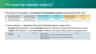 Что еще мы можем видеть?
•  Утечка данных – передача большого объема данных через сеть
–  Suspect Data Hoarding – узел скачивает данные с большого количества внутренних узлов
–  Target Data Hoarding – узел закачивает необычно большой объем данных на другие узлы
•  Исследуйте все узлы, с которыми взаимодействовал инфицированный узел
 