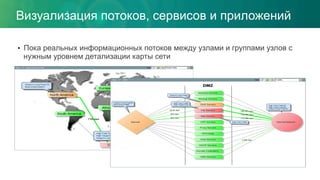 •  Пока реальных информационных потоков между узлами и группами узлов с
нужным уровнем детализации карты сети
Визуализация потоков, сервисов и приложений
 