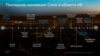 14© 2015 Cisco and/or its affiliates. All rights reserved. Cisco Confidential
CLUS: AMP
Data Center
Закрыта
сделка по
Sourcefire
Security
for ACI
RSAC: AMP
Everywhere
OpenAppID
2014 ASR
Global
Security Sales
Organization
Приобретена
Neohapsis
AMP Everywhere
Приобретена
ThreatGRID
Cisco ASA with
FirePOWER
Services
Security
and Trust
Organization
Managed
Threat
Defense
Talos
Integrated
Threat
Defense
2013 2015
Security
Everywhere
Закрыта
сделка по
OpenDNS
Приобретена
Portcullis
Приобретение
Lancope
Последние инновации Cisco в области ИБ
 