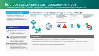 Быстрое сдерживание распространения угроз
С помощью центра Cisco FireSIGHT Management Center (FMC) и платформы Identity Service Engine (ISE)
Быстрое сдерживание распространения угроз с помощью FMC и ISEЧто нового в ISE 2.0?
Центр FMC Cisco совместно с ISE
идентифицирует и обращается к
подозрительному действию на
основании предустановленных политик
безопасности.
Преимущества
•  Интеграция с решением Cisco AMP для защиты от вредоносных программ
•  Запуск карантинных действий по каждой политике с помощью FireSight Cisco и интеграции ISE
•  Разрешение или отказ в доступе к порталу подрядчиков
Возможности
FMC обнаруживает
подозрительный файл и
уведомляет ISE с
помощью pxGrid, изменяя
тег группы безопасности
(SGT)
на подозрительный
Доступ запрещается
каждой политикой
безопасности
Автоматические уведомления
Максимальное использование
ANC ISE для уведомления сети о
подозрительной активности в
соответствии с политикой
Раннее обнаружение угроз
FireSight сканирует активность и
публикует события в pxGrid
Корпоративный
пользователь
загружает файл
Максимальное использование
растущей экосистемы партнеров
и обеспечение быстрого
сдерживания распространения
угроз благодаря интеграции с ISE
FMC сканирует
действия
пользователя и файл
В соответствии
с новым тегом,
ISE распространяет
политику по сети
 