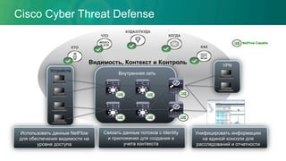 Cisco Cyber Threat Defense
Внутренняя сеть
NetFlow Capable
VPN
Устройств
а
Видимость, Контекст и Контроль
КУДА/ОТКУДА
КОГДА
КАК
ЧТО
КТО
Использовать данные NetFlow
для обеспечения видимости на
уровне доступа
Унифицировать информацию
на единой консоли для
расследований и отчетности
Связать данные потоков с Identity
и приложения для создания и
учета контекста
 