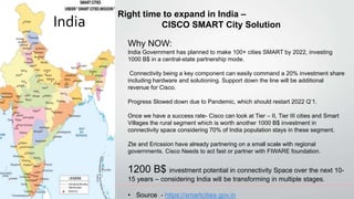 India
Right time to expand in India –
CISCO SMART City Solution
Why NOW:
India Government has planned to make 100+ cities ...