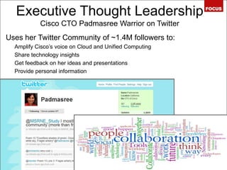 Executive Thought Leadership Cisco CTO Padmasree Warrior on TwitterUses her Twitter Community of ~1.4M followers to:Amplify Cisco’s voice on Cloud and Unified ComputingShare technology insightsGet feedback on her ideas and presentationsProvide personal information