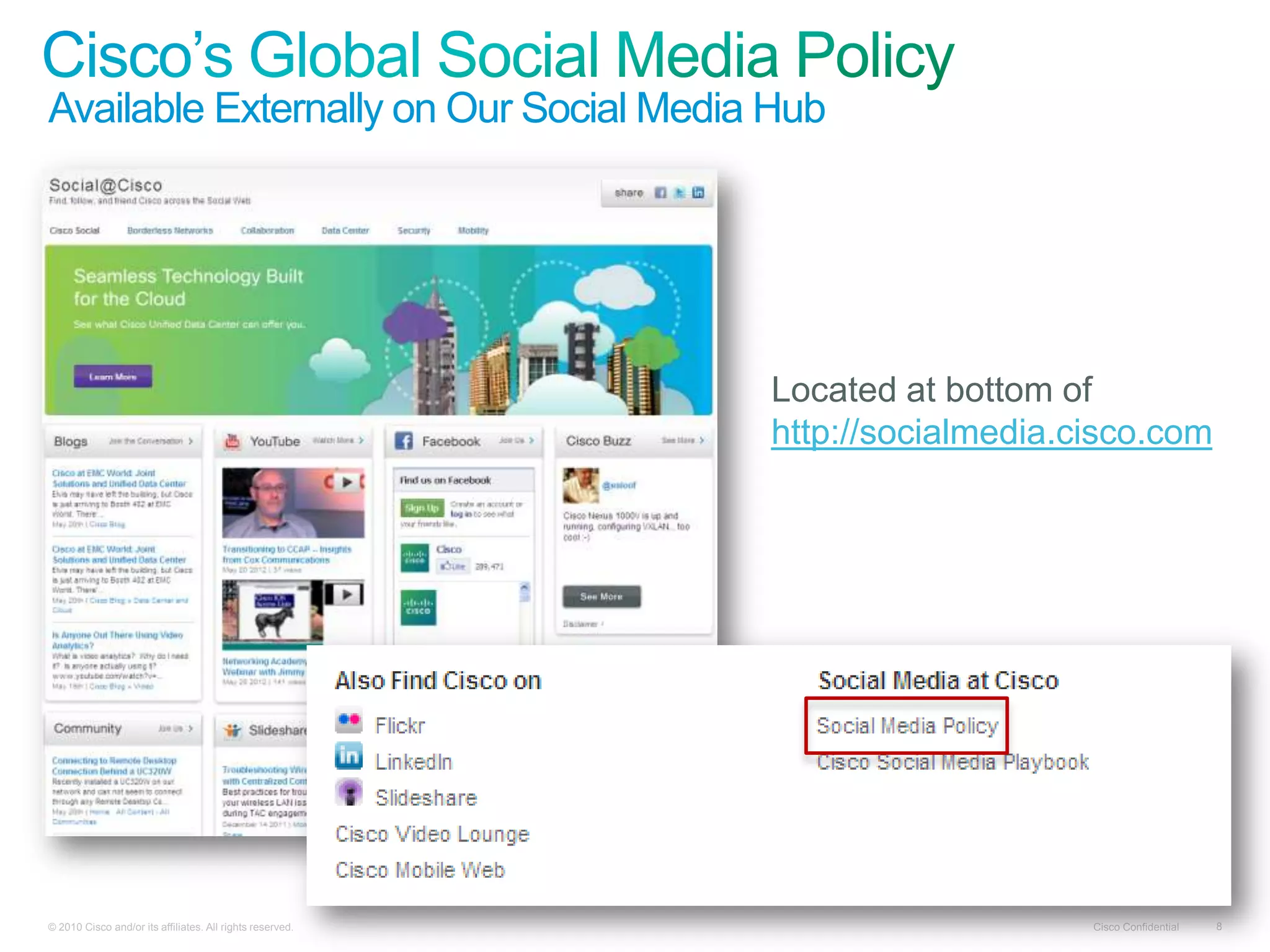 Available Externally on Our Social Media Hub




                                                           Located at bottom of
                                                           http://socialmedia.cisco.com




© 2010 Cisco and/or its affiliates. All rights reserved.                       Cisco Confidential   8
 