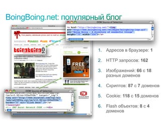 1. Адресов в браузере: 1

                                     2. HTTP запросов: 162

                                     3. Изображений: 66 с 18
                                        разных доменов

                                     4. Скриптов: 87 с 7 доменов

                                     5. Cookie: 118 с 15 доменов

                                     6. Flash объектов: 8 c 4
                                        доменов
© Cisco, 2010. Все права защищены.                              29/38
 