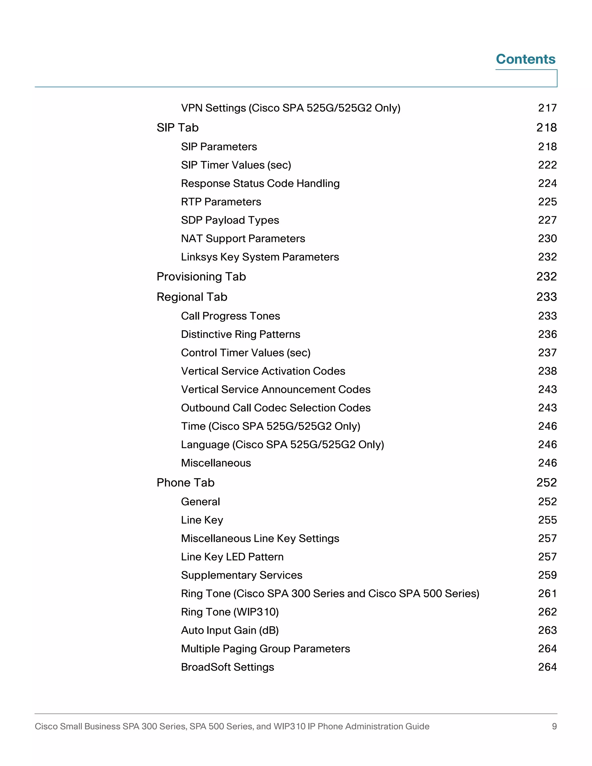 Contents 
VPN Settings (Cisco SPA 525G/525G2 Only) 217 
SIP Tab 218 
SIP Parameters 218 
SIP Timer Values (sec) 222 
Response Status Code Handling 224 
RTP Parameters 225 
SDP Payload Types 227 
NAT Support Parameters 230 
Linksys Key System Parameters 232 
Provisioning Tab 232 
Regional Tab 233 
Call Progress Tones 233 
Distinctive Ring Patterns 236 
Control Timer Values (sec) 237 
Vertical Service Activation Codes 238 
Vertical Service Announcement Codes 243 
Outbound Call Codec Selection Codes 243 
Time (Cisco SPA 525G/525G2 Only) 246 
Language (Cisco SPA 525G/525G2 Only) 246 
Miscellaneous 246 
Phone Tab 252 
General 252 
Line Key 255 
Miscellaneous Line Key Settings 257 
Line Key LED Pattern 257 
Supplementary Services 259 
Ring Tone (Cisco SPA 300 Series and Cisco SPA 500 Series) 261 
Ring Tone (WIP310) 262 
Auto Input Gain (dB) 263 
Multiple Paging Group Parameters 264 
BroadSoft Settings 264 
Cisco Small Business SPA 300 Series, SPA 500 Series, and WIP310 IP Phone Administration Guide 9 
 