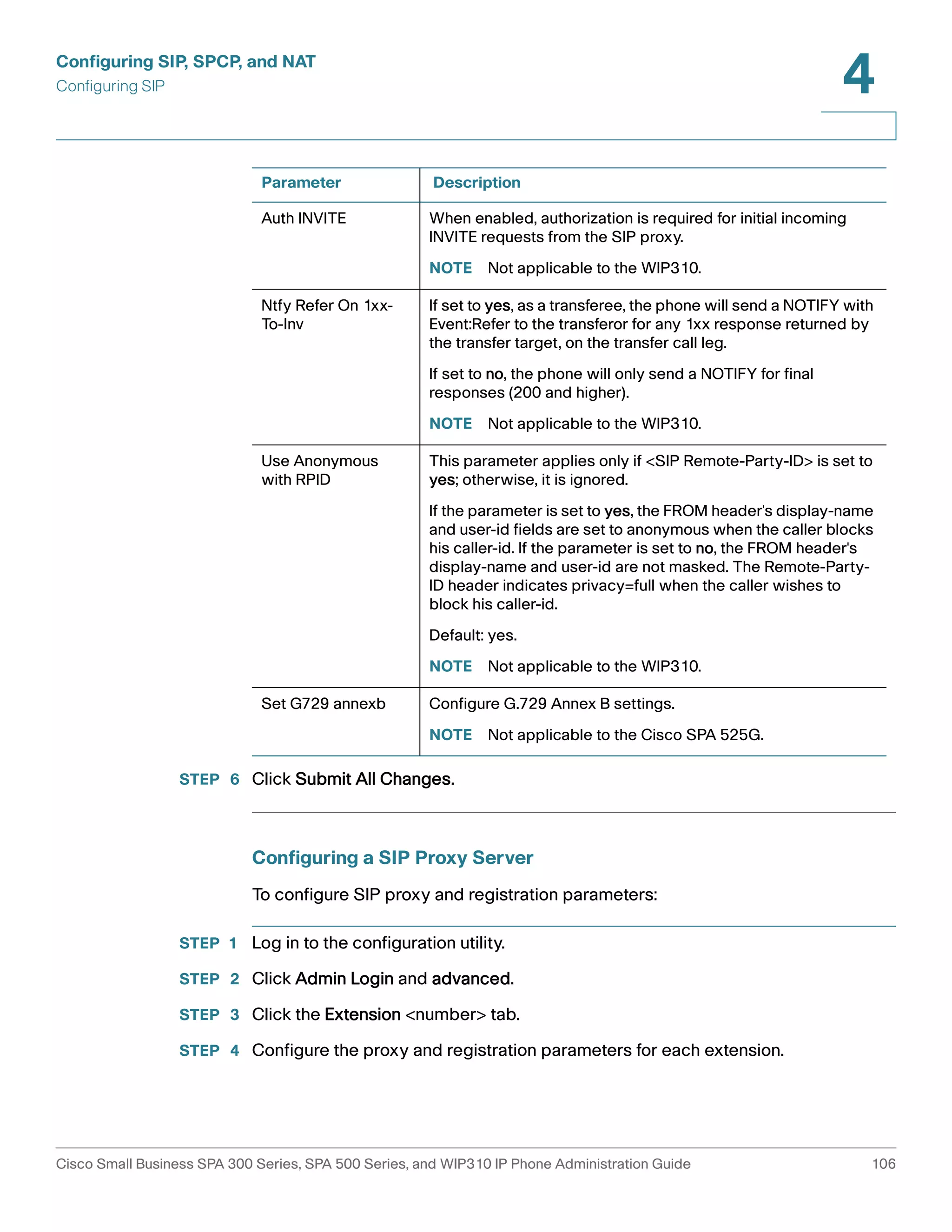 Configuring SIP, SPCP, and NAT 
Configuring SIP 
4 
Parameter Description 
Auth INVITE When enabled, authorization is required for initial incoming 
INVITE requests from the SIP proxy. 
NOTE Not applicable to the WIP310. 
Ntfy Refer On 1xx- 
To-Inv 
If set to yes, as a transferee, the phone will send a NOTIFY with 
Event:Refer to the transferor for any 1xx response returned by 
the transfer target, on the transfer call leg. 
If set to no, the phone will only send a NOTIFY for final 
responses (200 and higher). 
NOTE Not applicable to the WIP310. 
Use Anonymous 
with RPID 
This parameter applies only if <SIP Remote-Party-ID> is set to 
yes; otherwise, it is ignored. 
If the parameter is set to yes, the FROM header's display-name 
and user-id fields are set to anonymous when the caller blocks 
his caller-id. If the parameter is set to no, the FROM header's 
display-name and user-id are not masked. The Remote-Party- 
ID header indicates privacy=full when the caller wishes to 
block his caller-id. 
Default: yes. 
NOTE Not applicable to the WIP310. 
Set G729 annexb Configure G.729 Annex B settings. 
NOTE Not applicable to the Cisco SPA 525G. 
STEP 6 Click Submit All Changes. 
Configuring a SIP Proxy Server 
To configure SIP proxy and registration parameters: 
STEP 1 Log in to the configuration utility. 
STEP 2 Click Admin Login and advanced. 
STEP 3 Click the Extension <number> tab. 
STEP 4 Configure the proxy and registration parameters for each extension. 
Cisco Small Business SPA 300 Series, SPA 500 Series, and WIP310 IP Phone Administration Guide 106 
 