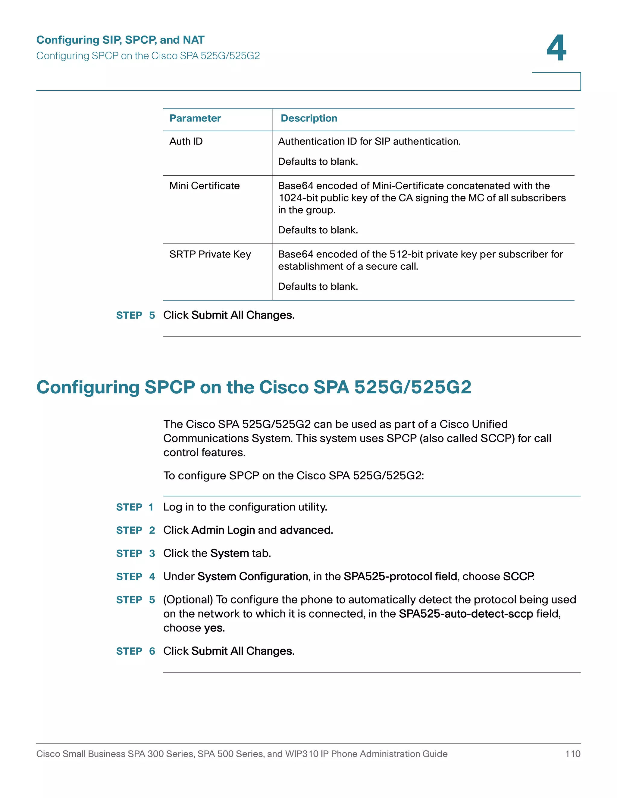 Configuring SIP, SPCP, and NAT 
Configuring SPCP on the Cisco SPA 525G/525G2 
4 
Parameter Description 
Auth ID Authentication ID for SIP authentication. 
Defaults to blank. 
Mini Certificate Base64 encoded of Mini-Certificate concatenated with the 
1024-bit public key of the CA signing the MC of all subscribers 
in the group. 
Defaults to blank. 
SRTP Private Key Base64 encoded of the 512-bit private key per subscriber for 
establishment of a secure call. 
Defaults to blank. 
STEP 5 Click Submit All Changes. 
Configuring SPCP on the Cisco SPA 525G/525G2 
The Cisco SPA 525G/525G2 can be used as part of a Cisco Unified 
Communications System. This system uses SPCP (also called SCCP) for call 
control features. 
To configure SPCP on the Cisco SPA 525G/525G2: 
STEP 1 Log in to the configuration utility. 
STEP 2 Click Admin Login and advanced. 
STEP 3 Click the System tab. 
STEP 4 Under System Configuration, in the SPA525-protocol field, choose SCCP. 
STEP 5 (Optional) To configure the phone to automatically detect the protocol being used 
on the network to which it is connected, in the SPA525-auto-detect-sccp field, 
choose yes. 
STEP 6 Click Submit All Changes. 
Cisco Small Business SPA 300 Series, SPA 500 Series, and WIP310 IP Phone Administration Guide 110 
 