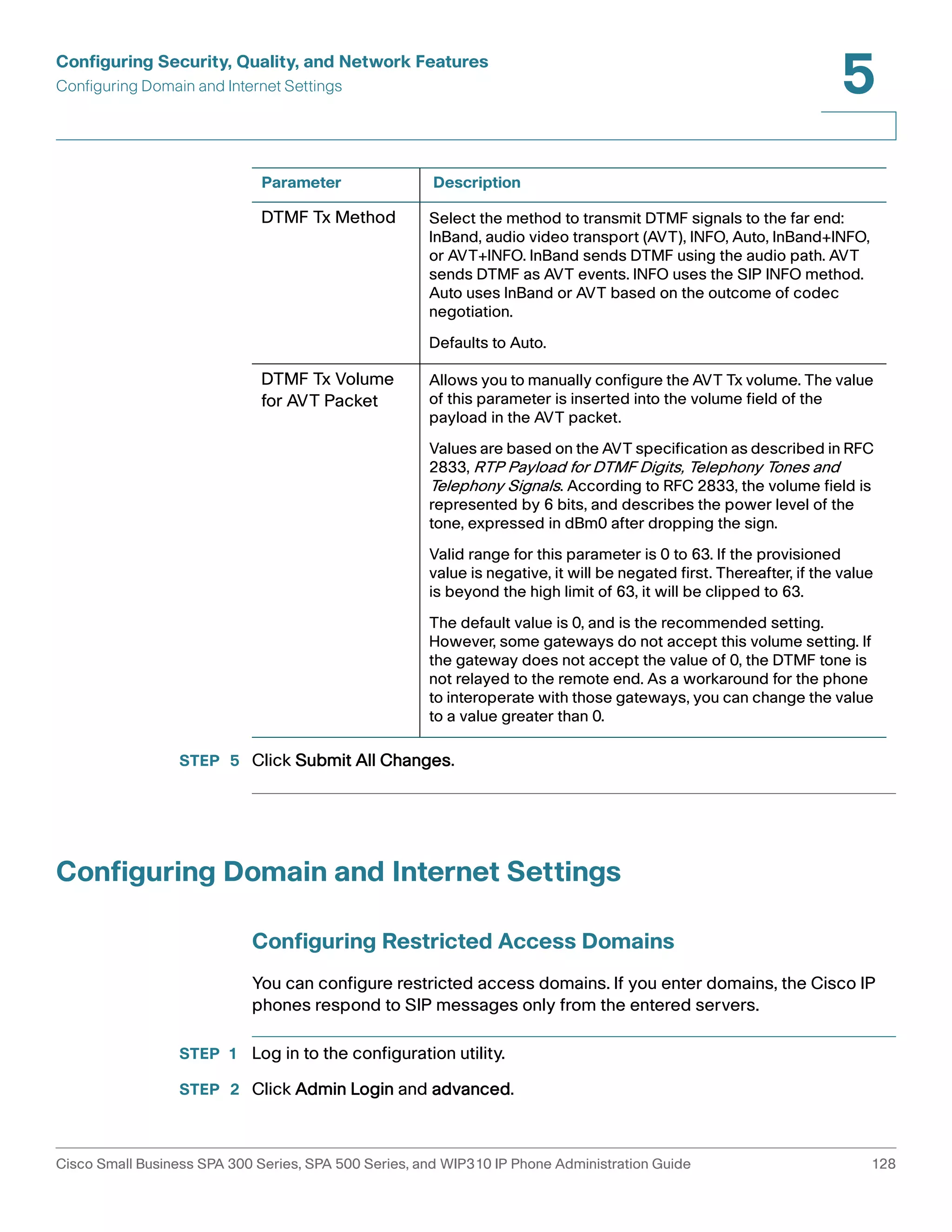 Configuring Security, Quality, and Network Features 
Configuring Domain and Internet Settings 
5 
Parameter Description 
DTMF Tx Method Select the method to transmit DTMF signals to the far end: 
InBand, audio video transport (AVT), INFO, Auto, InBand+INFO, 
or AVT+INFO. InBand sends DTMF using the audio path. AVT 
sends DTMF as AVT events. INFO uses the SIP INFO method. 
Auto uses InBand or AVT based on the outcome of codec 
negotiation. 
Defaults to Auto. 
DTMF Tx Volume 
for AVT Packet 
Allows you to manually configure the AVT Tx volume. The value 
of this parameter is inserted into the volume field of the 
payload in the AVT packet. 
Values are based on the AVT specification as described in RFC 
2833, RTP Payload for DTMF Digits, Telephony Tones and 
Telephony Signals. According to RFC 2833, the volume field is 
represented by 6 bits, and describes the power level of the 
tone, expressed in dBm0 after dropping the sign. 
Valid range for this parameter is 0 to 63. If the provisioned 
value is negative, it will be negated first. Thereafter, if the value 
is beyond the high limit of 63, it will be clipped to 63. 
The default value is 0, and is the recommended setting. 
However, some gateways do not accept this volume setting. If 
the gateway does not accept the value of 0, the DTMF tone is 
not relayed to the remote end. As a workaround for the phone 
to interoperate with those gateways, you can change the value 
to a value greater than 0. 
STEP 5 Click Submit All Changes. 
Configuring Domain and Internet Settings 
Configuring Restricted Access Domains 
You can configure restricted access domains. If you enter domains, the Cisco IP 
phones respond to SIP messages only from the entered servers. 
STEP 1 Log in to the configuration utility. 
STEP 2 Click Admin Login and advanced. 
Cisco Small Business SPA 300 Series, SPA 500 Series, and WIP310 IP Phone Administration Guide 128 
 