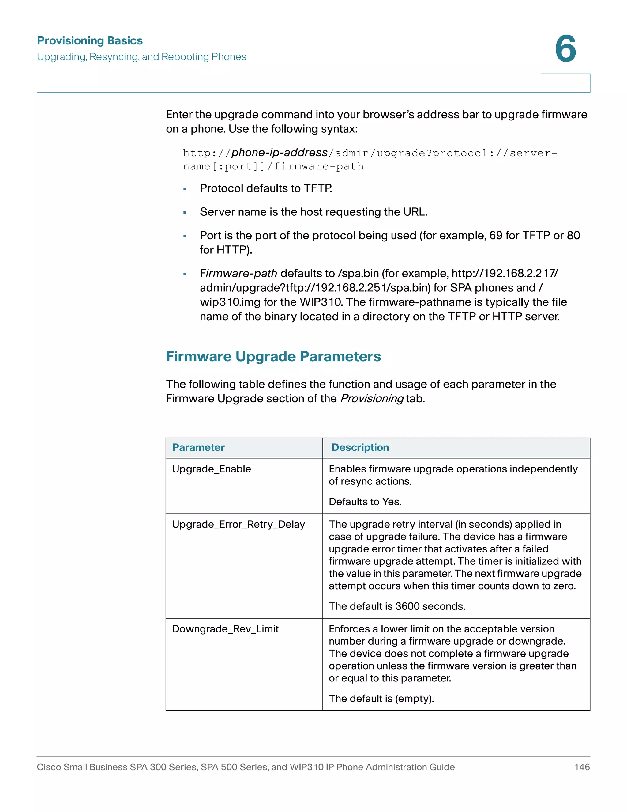 Provisioning Basics 
Upgrading, Resyncing, and Rebooting Phones 
6 
Enter the upgrade command into your browser’s address bar to upgrade firmware 
on a phone. Use the following syntax: 
http://phone-ip-address/admin/upgrade?protocol://server-name[: 
port]]/firmware-path 
• Protocol defaults to TFTP. 
• Server name is the host requesting the URL. 
• Port is the port of the protocol being used (for example, 69 for TFTP or 80 
for HTTP). 
• Firmware-path defaults to /spa.bin (for example, http://192.168.2.217/ 
admin/upgrade?tftp://192.168.2.251/spa.bin) for SPA phones and / 
wip310.img for the WIP310. The firmware-pathname is typically the file 
name of the binary located in a directory on the TFTP or HTTP server. 
Firmware Upgrade Parameters 
The following table defines the function and usage of each parameter in the 
Firmware Upgrade section of the Provisioning tab. 
Parameter Description 
Upgrade_Enable Enables firmware upgrade operations independently 
of resync actions. 
Defaults to Yes. 
Upgrade_Error_Retry_Delay The upgrade retry interval (in seconds) applied in 
case of upgrade failure. The device has a firmware 
upgrade error timer that activates after a failed 
firmware upgrade attempt. The timer is initialized with 
the value in this parameter. The next firmware upgrade 
attempt occurs when this timer counts down to zero. 
The default is 3600 seconds. 
Downgrade_Rev_Limit Enforces a lower limit on the acceptable version 
number during a firmware upgrade or downgrade. 
The device does not complete a firmware upgrade 
operation unless the firmware version is greater than 
or equal to this parameter. 
The default is (empty). 
Cisco Small Business SPA 300 Series, SPA 500 Series, and WIP310 IP Phone Administration Guide 146 
 