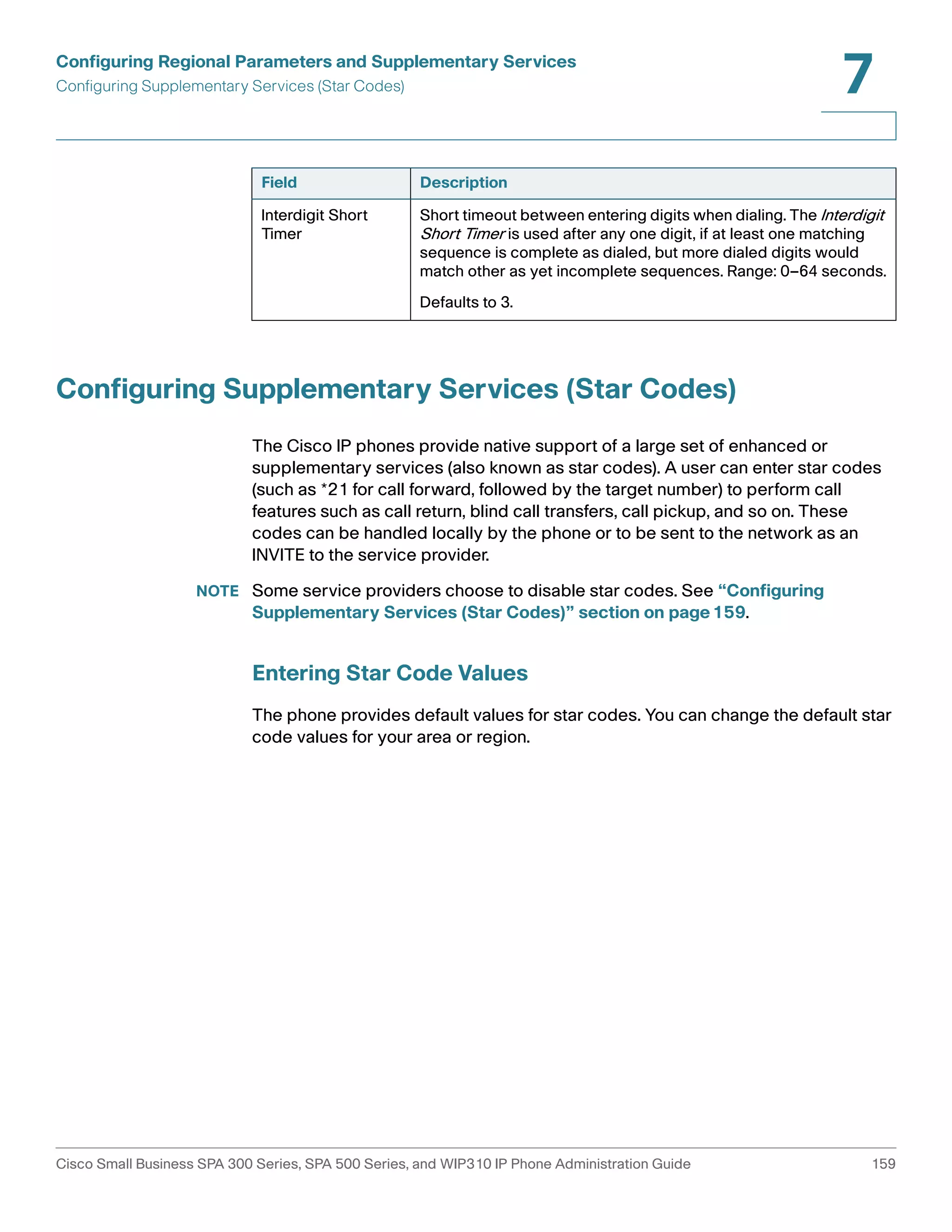 Configuring Regional Parameters and Supplementary Services 
Configuring Supplementary Services (Star Codes) 
7 
Field Description 
Interdigit Short 
Timer 
Short timeout between entering digits when dialing. The Interdigit 
Short Timer is used after any one digit, if at least one matching 
sequence is complete as dialed, but more dialed digits would 
match other as yet incomplete sequences. Range: 0–64 seconds. 
Defaults to 3. 
Configuring Supplementary Services (Star Codes) 
The Cisco IP phones provide native support of a large set of enhanced or 
supplementary services (also known as star codes). A user can enter star codes 
(such as *21 for call forward, followed by the target number) to perform call 
features such as call return, blind call transfers, call pickup, and so on. These 
codes can be handled locally by the phone or to be sent to the network as an 
INVITE to the service provider. 
NOTE Some service providers choose to disable star codes. See “Configuring 
Supplementary Services (Star Codes)” section on page159. 
Entering Star Code Values 
The phone provides default values for star codes. You can change the default star 
code values for your area or region. 
Cisco Small Business SPA 300 Series, SPA 500 Series, and WIP310 IP Phone Administration Guide 159 
 