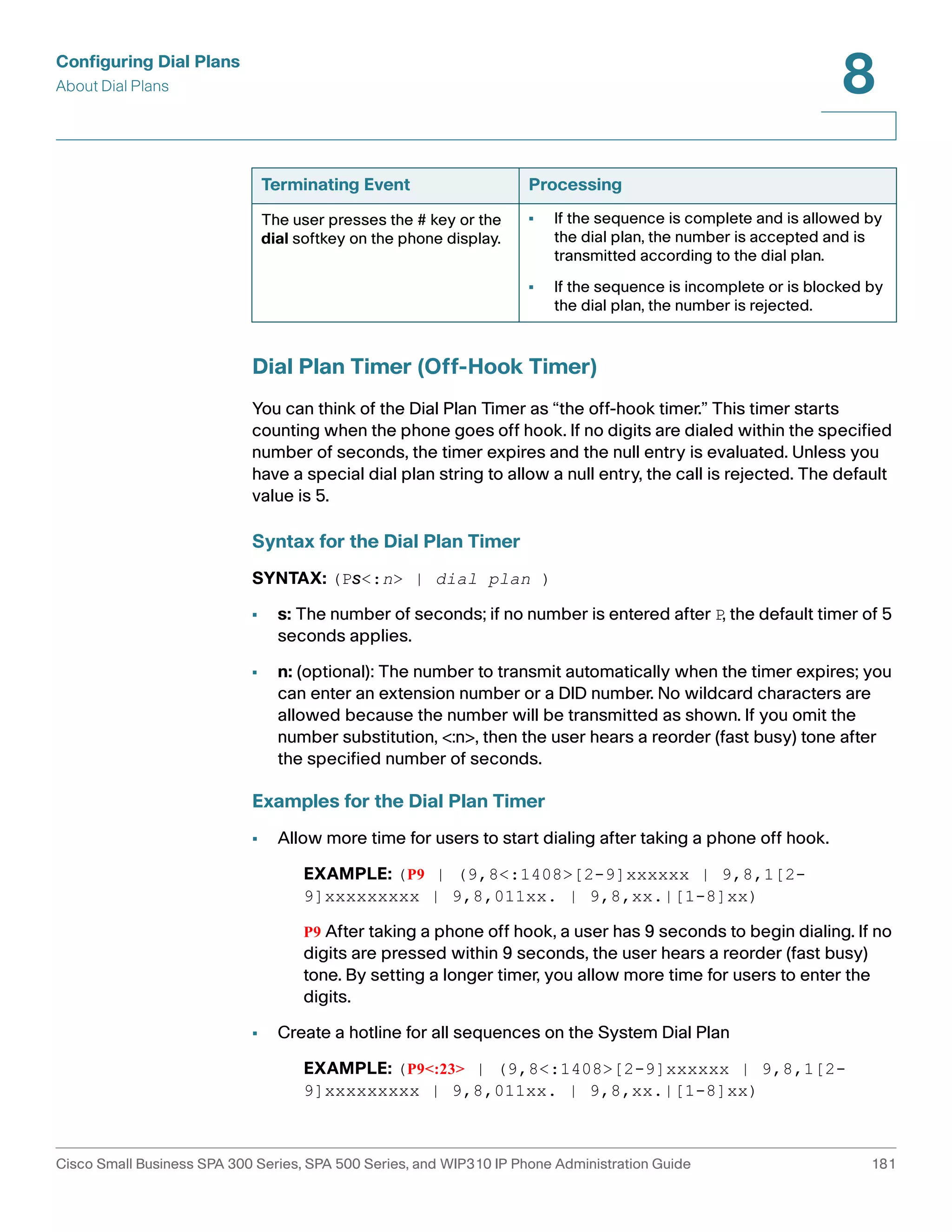 Configuring Dial Plans 
About Dial Plans 
8 
Terminating Event Processing 
The user presses the # key or the 
dial softkey on the phone display. 
• If the sequence is complete and is allowed by 
the dial plan, the number is accepted and is 
transmitted according to the dial plan. 
• If the sequence is incomplete or is blocked by 
the dial plan, the number is rejected. 
Dial Plan Timer (Off-Hook Timer) 
You can think of the Dial Plan Timer as “the off-hook timer.” This timer starts 
counting when the phone goes off hook. If no digits are dialed within the specified 
number of seconds, the timer expires and the null entry is evaluated. Unless you 
have a special dial plan string to allow a null entry, the call is rejected. The default 
value is 5. 
Syntax for the Dial Plan Timer 
SYNTAX: (Ps<:n> | dial plan ) 
• s: The number of seconds; if no number is entered after P, the default timer of 5 
seconds applies. 
• n: (optional): The number to transmit automatically when the timer expires; you 
can enter an extension number or a DID number. No wildcard characters are 
allowed because the number will be transmitted as shown. If you omit the 
number substitution, <:n>, then the user hears a reorder (fast busy) tone after 
the specified number of seconds. 
Examples for the Dial Plan Timer 
• Allow more time for users to start dialing after taking a phone off hook. 
EXAMPLE: (P9 | (9,8<:1408>[2-9]xxxxxx | 9,8,1[2- 
9]xxxxxxxxx | 9,8,011xx. | 9,8,xx.|[1-8]xx) 
P9 After taking a phone off hook, a user has 9 seconds to begin dialing. If no 
digits are pressed within 9 seconds, the user hears a reorder (fast busy) 
tone. By setting a longer timer, you allow more time for users to enter the 
digits. 
• Create a hotline for all sequences on the System Dial Plan 
EXAMPLE: (P9<:23> | (9,8<:1408>[2-9]xxxxxx | 9,8,1[2- 
9]xxxxxxxxx | 9,8,011xx. | 9,8,xx.|[1-8]xx) 
Cisco Small Business SPA 300 Series, SPA 500 Series, and WIP310 IP Phone Administration Guide 181 
 