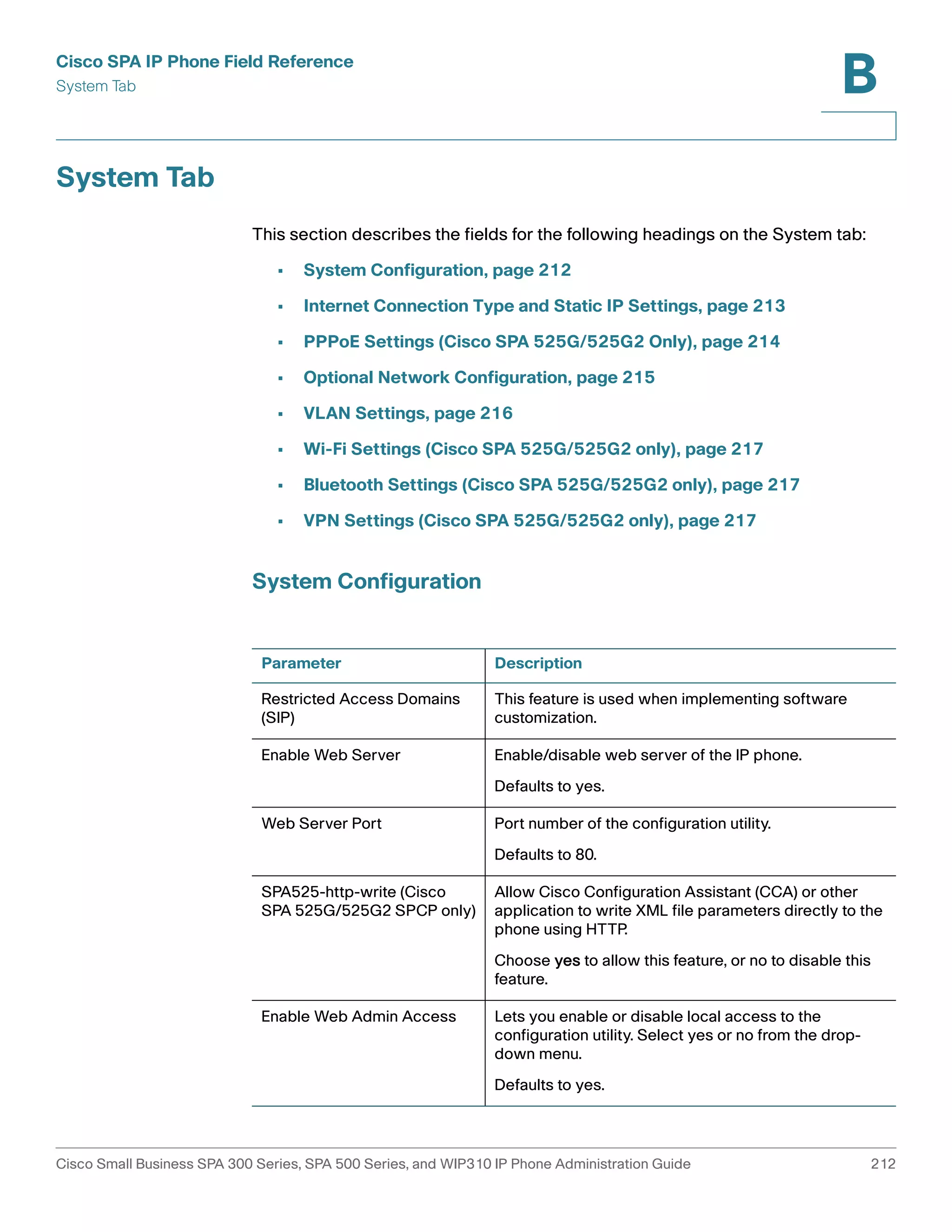 Cisco SPA IP Phone Field Reference 
System Tab 
B 
System Tab 
This section describes the fields for the following headings on the System tab: 
• System Configuration, page 212 
• Internet Connection Type and Static IP Settings, page 213 
• PPPoE Settings (Cisco SPA 525G/525G2 Only), page 214 
• Optional Network Configuration, page 215 
• VLAN Settings, page 216 
• Wi-Fi Settings (Cisco SPA 525G/525G2 only), page 217 
• Bluetooth Settings (Cisco SPA 525G/525G2 only), page 217 
• VPN Settings (Cisco SPA 525G/525G2 only), page 217 
System Configuration 
Parameter Description 
Restricted Access Domains 
(SIP) 
This feature is used when implementing software 
customization. 
Enable Web Server Enable/disable web server of the IP phone. 
Defaults to yes. 
Web Server Port Port number of the configuration utility. 
Defaults to 80. 
SPA525-http-write (Cisco 
SPA 525G/525G2 SPCP only) 
Allow Cisco Configuration Assistant (CCA) or other 
application to write XML file parameters directly to the 
phone using HTTP. 
Choose yes to allow this feature, or no to disable this 
feature. 
Enable Web Admin Access Lets you enable or disable local access to the 
configuration utility. Select yes or no from the drop-down 
menu. 
Defaults to yes. 
Cisco Small Business SPA 300 Series, SPA 500 Series, and WIP310 IP Phone Administration Guide 212 
 