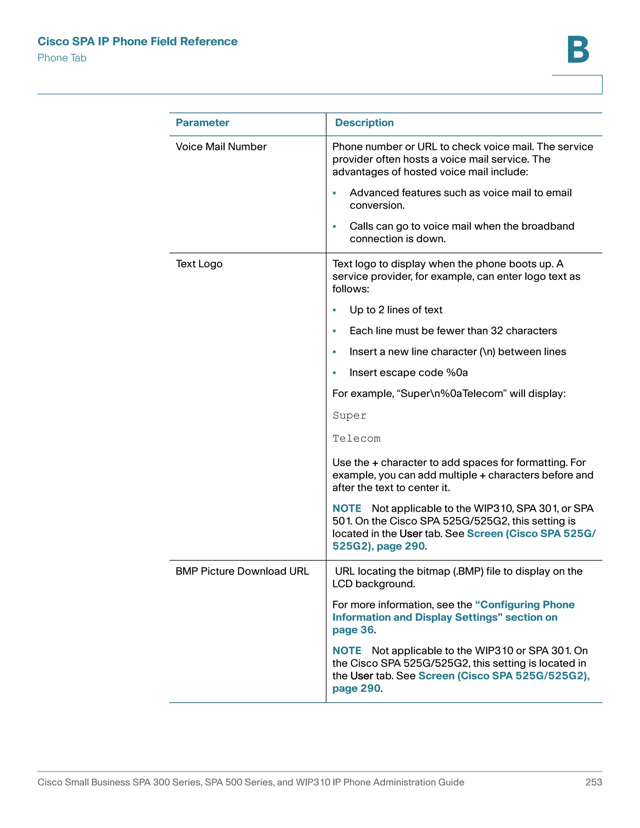 Cisco SPA IP Phone Field Reference 
Phone Tab 
B 
Parameter Description 
Voice Mail Number Phone number or URL to check voice mail. The service 
provider often hosts a voice mail service. The 
advantages of hosted voice mail include: 
• Advanced features such as voice mail to email 
conversion. 
• Calls can go to voice mail when the broadband 
connection is down. 
Text Logo Text logo to display when the phone boots up. A 
service provider, for example, can enter logo text as 
follows: 
• Up to 2 lines of text 
• Each line must be fewer than 32 characters 
• Insert a new line character (n) between lines 
• Insert escape code %0a 
For example, “Supern%0aTelecom” will display: 
Super 
Telecom 
Use the + character to add spaces for formatting. For 
example, you can add multiple + characters before and 
after the text to center it. 
NOTE Not applicable to the WIP310, SPA 301, or SPA 
501. On the Cisco SPA 525G/525G2, this setting is 
located in the User tab. See Screen (Cisco SPA 525G/ 
525G2), page 290. 
BMP Picture Download URL URL locating the bitmap (.BMP) file to display on the 
LCD background. 
For more information, see the “Configuring Phone 
Information and Display Settings” section on 
page 36. 
NOTE Not applicable to the WIP310 or SPA 301. On 
the Cisco SPA 525G/525G2, this setting is located in 
the User tab. See Screen (Cisco SPA 525G/525G2), 
page 290. 
Cisco Small Business SPA 300 Series, SPA 500 Series, and WIP310 IP Phone Administration Guide 253 
 