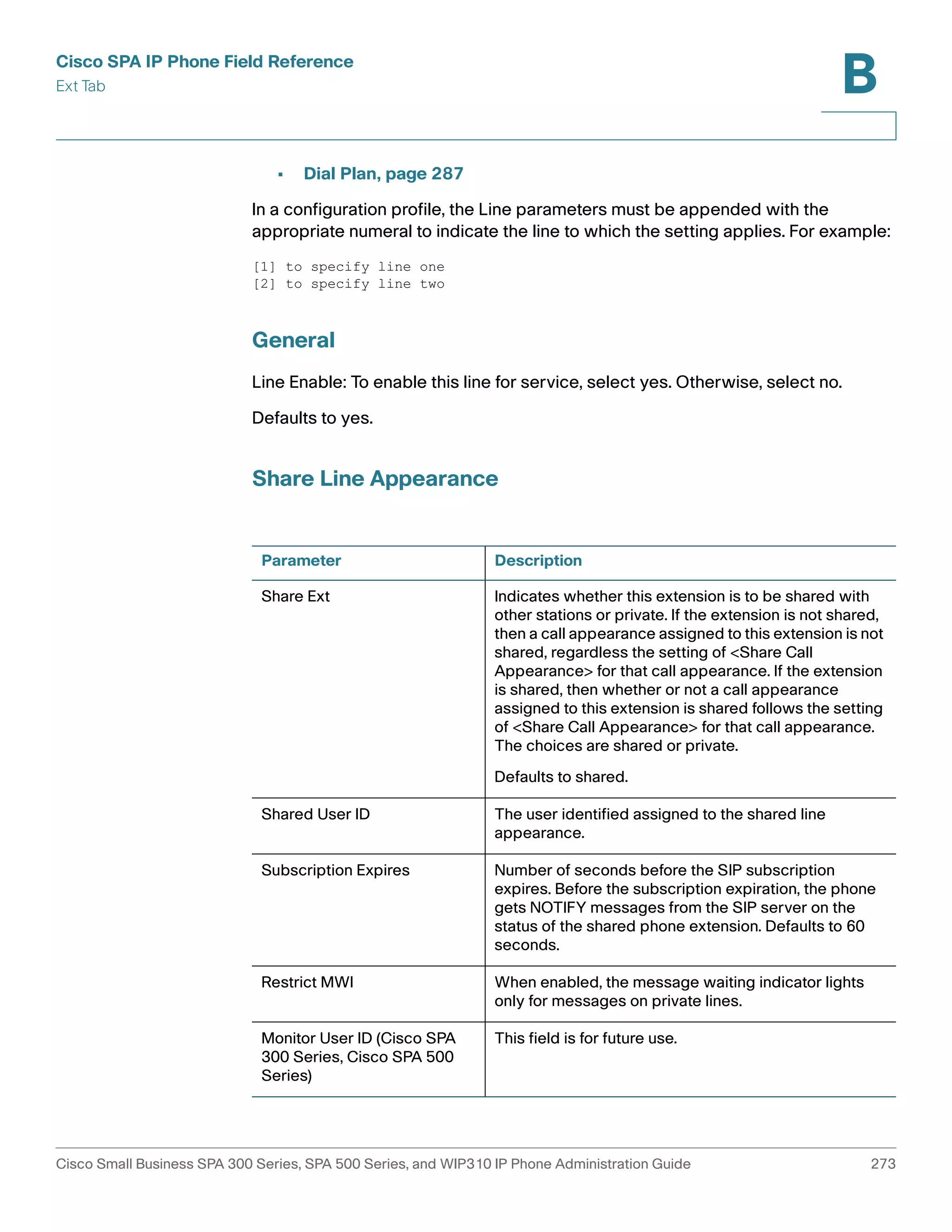 Cisco SPA IP Phone Field Reference 
Ext Tab 
B 
• Dial Plan, page 287 
In a configuration profile, the Line parameters must be appended with the 
appropriate numeral to indicate the line to which the setting applies. For example: 
[1] to specify line one 
[2] to specify line two 
General 
Line Enable: To enable this line for service, select yes. Otherwise, select no. 
Defaults to yes. 
Share Line Appearance 
Parameter Description 
Share Ext Indicates whether this extension is to be shared with 
other stations or private. If the extension is not shared, 
then a call appearance assigned to this extension is not 
shared, regardless the setting of <Share Call 
Appearance> for that call appearance. If the extension 
is shared, then whether or not a call appearance 
assigned to this extension is shared follows the setting 
of <Share Call Appearance> for that call appearance. 
The choices are shared or private. 
Defaults to shared. 
Shared User ID The user identified assigned to the shared line 
appearance. 
Subscription Expires Number of seconds before the SIP subscription 
expires. Before the subscription expiration, the phone 
gets NOTIFY messages from the SIP server on the 
status of the shared phone extension. Defaults to 60 
seconds. 
Restrict MWI When enabled, the message waiting indicator lights 
only for messages on private lines. 
Monitor User ID (Cisco SPA 
300 Series, Cisco SPA 500 
Series) 
This field is for future use. 
Cisco Small Business SPA 300 Series, SPA 500 Series, and WIP310 IP Phone Administration Guide 273 
 