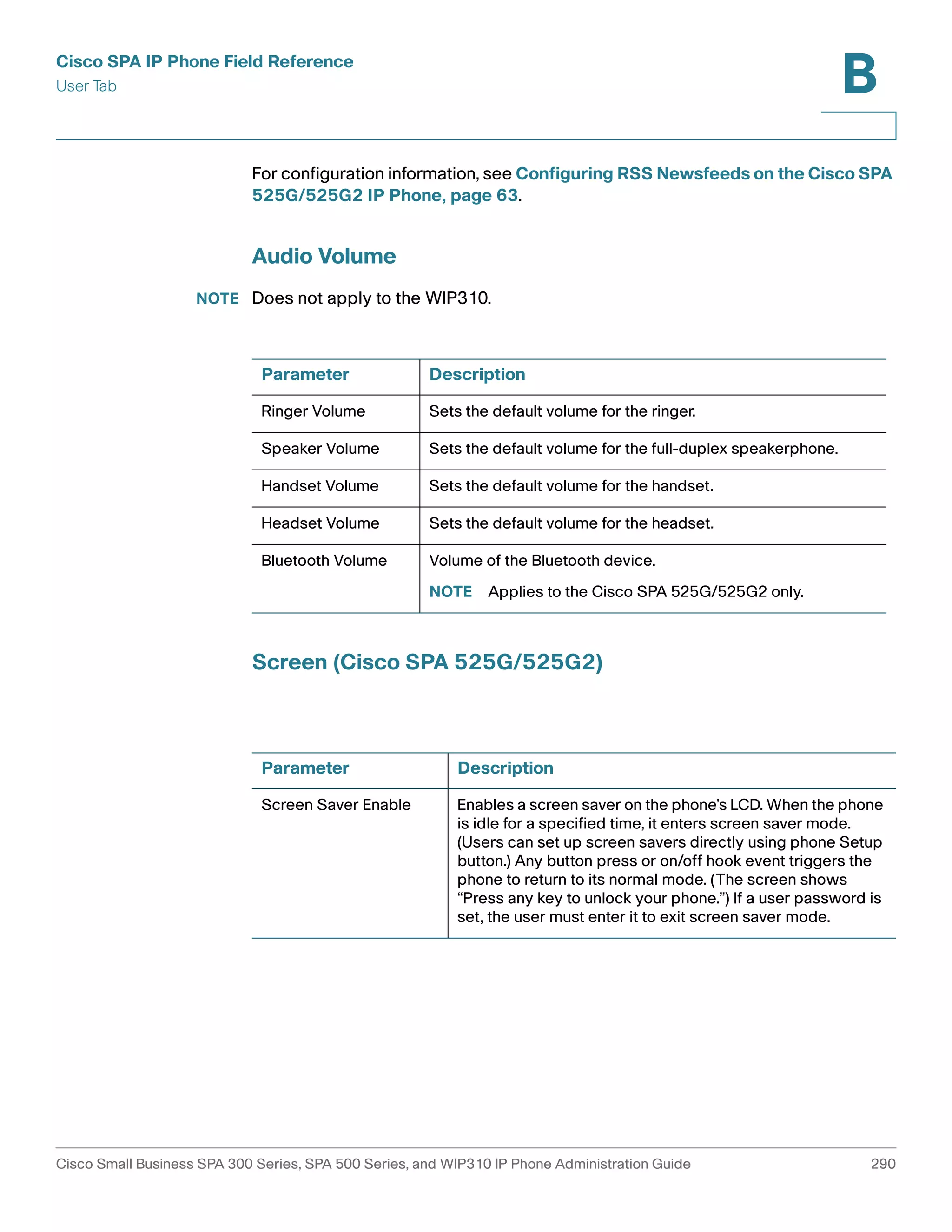 Cisco SPA IP Phone Field Reference 
User Tab 
B 
For configuration information, see Configuring RSS Newsfeeds on the Cisco SPA 
525G/525G2 IP Phone, page 63. 
Audio Volume 
NOTE Does not apply to the WIP310. 
Parameter Description 
Ringer Volume Sets the default volume for the ringer. 
Speaker Volume Sets the default volume for the full-duplex speakerphone. 
Handset Volume Sets the default volume for the handset. 
Headset Volume Sets the default volume for the headset. 
Bluetooth Volume Volume of the Bluetooth device. 
NOTE Applies to the Cisco SPA 525G/525G2 only. 
Screen (Cisco SPA 525G/525G2) 
Parameter Description 
Screen Saver Enable Enables a screen saver on the phone’s LCD. When the phone 
is idle for a specified time, it enters screen saver mode. 
(Users can set up screen savers directly using phone Setup 
button.) Any button press or on/off hook event triggers the 
phone to return to its normal mode. (The screen shows 
“Press any key to unlock your phone.”) If a user password is 
set, the user must enter it to exit screen saver mode. 
Cisco Small Business SPA 300 Series, SPA 500 Series, and WIP310 IP Phone Administration Guide 290 
 