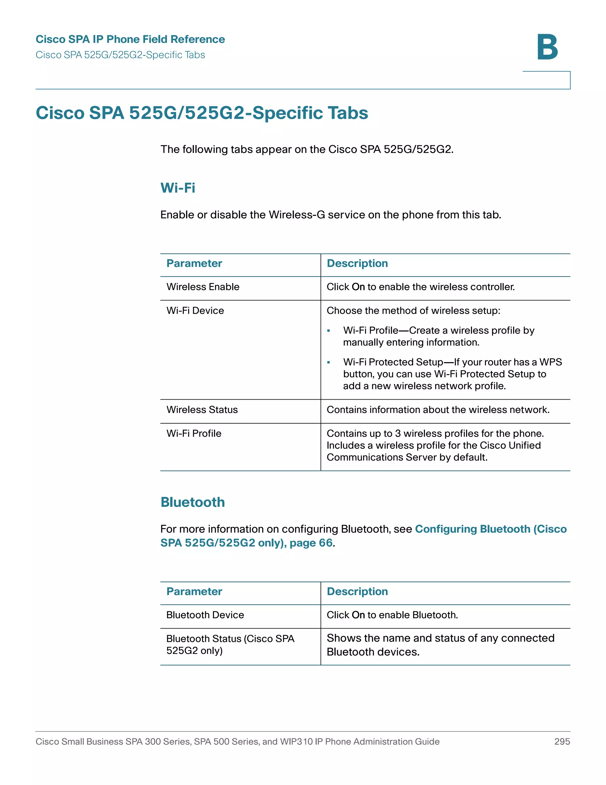 Cisco SPA IP Phone Field Reference 
Cisco SPA 525G/525G2-Specific Tabs 
B 
Cisco SPA 525G/525G2-Specific Tabs 
The following tabs appear on the Cisco SPA 525G/525G2. 
Wi-Fi 
Enable or disable the Wireless-G service on the phone from this tab. 
Parameter Description 
Wireless Enable Click On to enable the wireless controller. 
Wi-Fi Device Choose the method of wireless setup: 
Wireless Status Contains information about the wireless network. 
Wi-Fi Profile Contains up to 3 wireless profiles for the phone. 
Bluetooth 
• Wi-Fi Profile—Create a wireless profile by 
manually entering information. 
• Wi-Fi Protected Setup—If your router has a WPS 
button, you can use Wi-Fi Protected Setup to 
add a new wireless network profile. 
Includes a wireless profile for the Cisco Unified 
Communications Server by default. 
For more information on configuring Bluetooth, see Configuring Bluetooth (Cisco 
SPA 525G/525G2 only), page 66. 
Parameter Description 
Bluetooth Device Click On to enable Bluetooth. 
Bluetooth Status (Cisco SPA 
525G2 only) 
Shows the name and status of any connected 
Bluetooth devices. 
Cisco Small Business SPA 300 Series, SPA 500 Series, and WIP310 IP Phone Administration Guide 295 
 