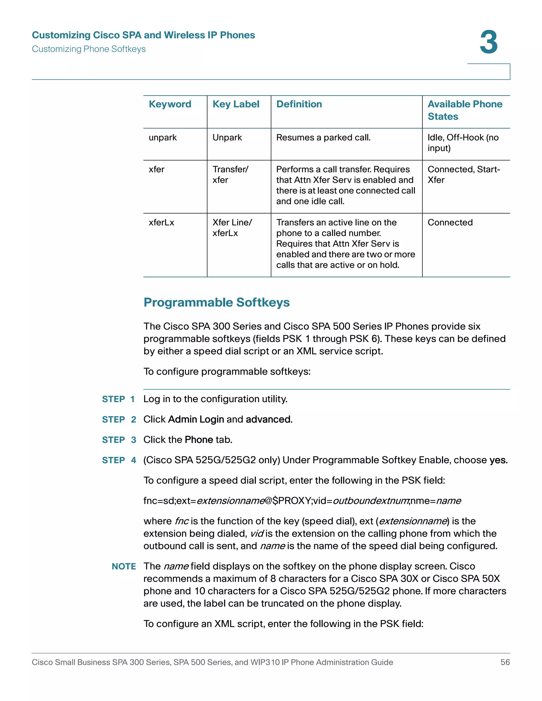 Customizing Cisco SPA and Wireless IP Phones 
Customizing Phone Softkeys 
3 
Keyword Key Label Definition Available Phone 
States 
unpark Unpark Resumes a parked call. Idle, Off-Hook (no 
xfer Transfer/ 
xfer 
Performs a call transfer. Requires 
that Attn Xfer Serv is enabled and 
there is at least one connected call 
and one idle call. 
xferLx Xfer Line/ 
xferLx 
Transfers an active line on the 
phone to a called number. 
Requires that Attn Xfer Serv is 
enabled and there are two or more 
calls that are active or on hold. 
Programmable Softkeys 
input) 
Connected, Start- 
Xfer 
Connected 
The Cisco SPA 300 Series and Cisco SPA 500 Series IP Phones provide six 
programmable softkeys (fields PSK 1 through PSK 6). These keys can be defined 
by either a speed dial script or an XML service script. 
To configure programmable softkeys: 
STEP 1 Log in to the configuration utility. 
STEP 2 Click Admin Login and advanced. 
STEP 3 Click the Phone tab. 
STEP 4 (Cisco SPA 525G/525G2 only) Under Programmable Softkey Enable, choose yes. 
To configure a speed dial script, enter the following in the PSK field: 
fnc=sd;ext=extensionname@$PROXY;vid=outboundextnum;nme=name 
where fnc is the function of the key (speed dial), ext (extensionname) is the 
extension being dialed, vid is the extension on the calling phone from which the 
outbound call is sent, and name is the name of the speed dial being configured. 
NOTE The name field displays on the softkey on the phone display screen. Cisco 
recommends a maximum of 8 characters for a Cisco SPA 30X or Cisco SPA 50X 
phone and 10 characters for a Cisco SPA 525G/525G2 phone. If more characters 
are used, the label can be truncated on the phone display. 
To configure an XML script, enter the following in the PSK field: 
Cisco Small Business SPA 300 Series, SPA 500 Series, and WIP310 IP Phone Administration Guide 56 
 