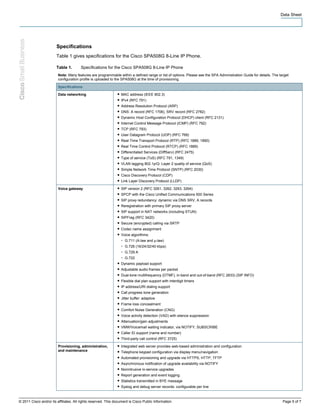 Data Sheet 
Specifications 
Table 1 gives specifications for the Cisco SPA508G 8-Line IP Phone. 
Table 1. Specifications for the Cisco SPA508G 8-Line IP Phone 
Note: Many features are programmable within a defined range or list of options. Please see the SPA Administration Guide for details. The target 
configuration profile is uploaded to the SPA508G at the time of provisioning. 
Specifications 
Data networking ● MAC address (IEEE 802.3) 
● IPv4 (RFC 791) 
● Address Resolution Protocol (ARP) 
● DNS: A record (RFC 1706), SRV record (RFC 2782) 
● Dynamic Host Configuration Protocol (DHCP) client (RFC 2131) 
● Internet Control Message Protocol (ICMP) (RFC 792) 
● TCP (RFC 793) 
● User Datagram Protocol (UDP) (RFC 768) 
● Real-Time Transport Protocol (RTP) (RFC 1889, 1890) 
● Real Time Control Protocol (RTCP) (RFC 1889) 
● Differentiated Services (DiffServ) (RFC 2475) 
● Type of service (ToS) (RFC 791, 1349) 
● VLAN tagging 802.1p/Q: Layer 2 quality of service (QoS) 
● Simple Network Time Protocol (SNTP) (RFC 2030) 
● Cisco Discovery Protocol (CDP) 
● Link Layer Discovery Protocol (LLDP) 
Voice gateway ● SIP version 2 (RFC 3261, 3262, 3263, 3264) 
● SPCP with the Cisco Unified Communications 500 Series 
● SIP proxy redundancy: dynamic via DNS SRV, A records 
● Reregistration with primary SIP proxy server 
● SIP support in NAT networks (including STUN) 
● SIPFrag (RFC 3420) 
● Secure (encrypted) calling via SRTP 
● Codec name assignment 
● Voice algorithms: 
◦ 
G.711 (A-law and μ-law) 
G.726 (16/24/32/40 kbps) 
G.729 A 
◦ 
G.722 
● Dynamic payload support 
● Adjustable audio frames per packet 
● Dual-tone multifrequency (DTMF), in-band and out-of-band (RFC 2833) (SIP INFO) 
● Flexible dial plan support with interdigit timers 
● IP address/URI dialing support 
● Call progress tone generation 
● Jitter buffer: adaptive 
● Frame loss concealment 
● Comfort Noise Generation (CNG) 
● Voice activity detection (VAD) with silence suppression 
● Attenuation/gain adjustments 
● VMWIVoicemail waiting indicator, via NOTIFY, SUBSCRIBE 
● Caller ID support (name and number) 
● Third-party call control (RFC 3725) 
Provisioning, administration, 
and maintenance 
● Integrated web server provides web-based administration and configuration 
● Telephone keypad configuration via display menu/navigation 
● Automated provisioning and upgrade via HTTPS, HTTP, TFTP 
● Asynchronous notification of upgrade availability via NOTIFY 
● Nonintrusive in-service upgrades 
● Report generation and event logging 
● Statistics transmitted in BYE message 
● Syslog and debug server records: configurable per line 
© 2011 Cisco and/or its affiliates. All rights reserved. This document is Cisco Public Information. Page 5 of 7 
 