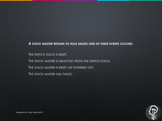 A STACK MASTER RETAINS ITS ROLE UNLESS ONE OF THESE EVENTS OCCURS:
THE SWITCH STACK IS RESET.
THE STACK MASTER IS REMOVED FROM THE SWITCH STACK.
THE STACK MASTER IS RESET OR POWERED OFF.
THE STACK MASTER HAS FAILED.
Prepared by: iTawy Team 2015
 