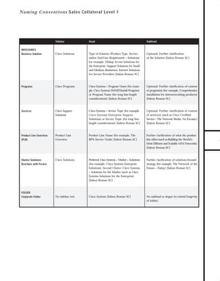 73.0946 Collateral

7/6/98 9:22 AM

Page 6

N a m i n g C o n v e n t i o n s Sales Collateral Level 1

Head

Subhead

BROCHURES
Business Solution

Cisco Solutions

Type of Solution (Product Type, Service,
and/or End-User Requirement + Solutions)
for example, Dialup Access Solutions for
the Enterprise, Support Solutions for Small
and Medium Businesses, Internet Solutions
for Service Providers [Sabon Roman SC]

Optional: Further clarification
of the Solution [Sabon Roman SC]

Programs

Cisco Programs

Cisco Systems + Program Name (for example, Cisco Systems SMARTinstall Program)
or Program Name (for long line-length
considerations) [Sabon Roman SC]

Optional: Further clarification of content
of program(s) (for example, Comprehensive
installation for internetworking products)
[Sabon Roman SC]

Services

Cisco Support
Solutions

Cisco Systems + Service Topic (for example,
Cisco Systems Enterprise Support
Solutions) or Service Topic (for long linelength considerations) [Sabon Roman SC]

Optional: Further clarification of content
of service(s) (such as Cisco Certified
Service—The Network Works. No Excuses.)
[Sabon Roman SC]

Product Line Overview
(PLB)

Product Line
Overview

Product Line Name (for example, The
BPX Service Node) [Sabon Roman SC]

Further clarification of what the product
line offers (such as Building the World’s
Most Efficient and Scalable ATM Networks)
[Sabon Roman SC]

Market Solutions
Brochure with Pocket

Cisco Solutions

Preferred: Cisco Systems + Market + Solutions
(for example, Cisco Systems Enterprise
Solutions). Second Choice: Cisco Systems
+ Solutions for the Market (such as Cisco
Systems Solutions for the Enterprise)
[Sabon Roman SC]

Further clarification of solutions-focused
strategy (for example, The Network of the
Future—Today) [Sabon Roman SC]

No sidebar text

Cisco Systems [Sabon Roman SC]

No subhead or slogan (to extend longevity
of folder)

FOLDER
Corporate Folder

TO DOWNLOADS

Sidebar

GO!

 
