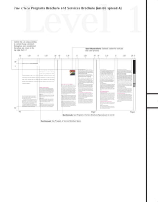 73.0946 Level 1 sales

7/2/98 12:55 PM

Page 12

Level 1

Control line can vary according
to content. Keep consistent
throughout once established.
Do not go any closer to the
top edge than 1.5".
.75"

3.25"

Spot Illustrations: Optional, custom for each job,

four-color process.
.5"

3.25"

.75" .75"

3.25"

.5"

3.25"

.75" .75"

3.25"

.5"

3.25"

.25".5"

.75"
E m p h i s i s M e d i u m Univers Condensed Bold

1"
At Cisco System s, we know how

ATM —Cisco switches offer a wide range of interfaces for

data traffic, allowing you to offer data services, including

Our advanced traffic management capabilities also allow

Cisco switches provide the industry’s highest port densities,

challenging it can be to balance

Systems Network Architecture (SNA), X.25, Frame Relay,

you to simultaneously offer multiple services over your

allowing you to support multiple services and thousands

LAN, and broadband video. Traffic is switched over the ATM

ATM network and ensure high performance for each.

of subscribers per port. In fact, Cisco switches deliver the

backbone at speeds up to 622 Mbps.

Cisco supports all standards-based classes of service:

industry’s lowest cost per subscriber.

g r o w t h a n d profitability with rapidly

Voice —Cisco switches include the advanced traffic man-

agement and Class of Service (CoS) features required for

changing demands for data, voice, wireless, multimedia, and Internet services. And

delivering real-time, high-quality voice applications.

with today’s wide-open markets and fierce competition, it stands to reason

Support All Classes of Service

Constant Bit Rate (CBR), Available Bit Rate (ABR),
Variable Bit Rate- Real Time, (VBR-RT), Variable Bit
Rate-Non Real Time (VBR-NRT), and Unspecified Bit
Rate (UBR), so you can implement and manage a wide

Wireless —Cisco supports analog and digital cellular,

work maintenance, management, and operating costs.

a single platform. You can build an ATM WAN over the

These features also ensure fair bandwidth allocation for

most economic infrastructure—coax cable, fiber, satellite,

growth and profitability. So how do you best deliver the services your

Support for multiple classes of service lets you reduce net-

Enhanced Specialized Mobile Radio (ESMR) services from

t h a t s e r v i c e p r o v i d e r s w h o c a n s a t i s f y t h e m o s t c u s t o m e r s w i l l enjoy both

range of functionality from a single, logical network node.

Personal Communications Services (PCS), wireless data, and

all users, so you can guarantee service contract perfor-

or microwave—and tailor service offerings to meet specific
market requirements.

customers demand?
Services Creation—Your Door to Opportunity
With the ability to quickly deploy and differentiate new
services, you can adapt to rapidly changing customer needs.
Cisco’s software-defined functionality eliminates dependence

Cisco switches incorporate the industry’s first commercially
available Virtual Source/Virtual Destination (VS/VD) imple-

video on demand, videoconferencing, and video telephony.

mentation of the ATM Forum’s full Traffic Management

on multiple platforms for multiple services, giving you

Switched internetworking —Cisco’s ATM switching platform

Cisco switches provide a robust platform for every type

greater control over services and deployment. Cisco switches

allows you to offer transparent or high-speed LAN-to-LAN

support virtually all communication interfaces—allowing

solutions for Ethernet, Token Ring, and Fiber Distributed

first time to those already serving hundreds of thousands

you to capitalize on market opportunities and differentiate

Data Interface (FDDI) traffic across a metropolitan or global

of customers. With Cisco, you can accommodate a rapidly

your services from those of the competition. The ability

ATM backbone.

of service provider—from those entering markets for the

growing subscriber base and provide new, high-speed

to offer multiple services from a single logical switch speeds

services without having to continually upgrade switches.

time to market, reduces operations costs, and maximizes

Numbers of Users

your network investment.

Cisco’s advanced traffic management features optimize the
performance of multiple services over a single network

Internet—Cisco switches complement router-based networks

backbone. The resulting high QoS sets your services above

First, choose an experienced partner who can help you

from hundreds to tens of thousands, allowing you to add

by aggregating Internet user traffic for high-speed switching

those of your competitors, increasing customer satisfaction

maintain your competitive edge. Cisco Systems offers

capacity as you need it.

at speeds up to 622 Mbps with up to 20 Gbps throughput.

and giving you a decided advantage.

Throughput Capacity

A full range of interfaces support Internet access options

Cisco networks offer throughput capacity up to 20 Gbps.

from dial-up to broadband. You can scale Internet services

They’re built to handle large files, manage high traffic

from hundreds to thousands of subscribers on a single switch.

volumes, and deliver high service availability and quality—

Frame Relay —With Cisco switches, you can deploy

tions. Therefore, customers enjoy high service availability

no matter how many subscribers you add.

Asynchronous Transfer Mode (ATM) networks with Frame

and responsiveness—adding up to increased satisfaction,

Interface Speeds

Relay interfaces. This flexibility enables you to capitalize

increased service usage, and reduced subscriber churn.

Next, ensure that your technology platform provides
the capabilities to meet today’s demands in any market. The
StrataCom® BPX™ Service Node and the IGX™ are standardsbased switches designed to cost-effectively deliver multiple
services from a single, easy-to-manage platform.

A wide range of interface speeds (up to OC-12) enables you
to provide customers with services ranging from transparent
Local-Area Network (LAN) and virtual private network
services to video and LAN-to-ATM access capabilities.

Global Support Ensures Service Availability

Cisco stands behind our partnership with a comprehensive
selection of services designed to help you every step of the
way. Our JumpStart™ program provides information and
customized services to help you evaluate market opportunity, develop strategies, obtain training, and create marketing
messages and materials. Our ongoing technical support
capabilities provide service and support no matter where
your services are delivered. As a Cisco customer, you have
access to around-the-clock technical phone and remote
support when you need it. We can also service your network remotely to minimize downtime and improve service
cost effectiveness. The end result? Continuously available
services and satisfied customers.
A Strategic Partner Speeds Time To Market

As the world’s leader in LAN switching, LAN access, routers,
high-end routers, Frame-Relay switching, ATM switching,
innovation and development of ATM networking standards,
and WAN infrastructure deployment, Cisco Systems can

Your Route to Profitability

help you quickly take advantage of the benefits of ATM.

Eroding margins and competitive pressures demand tightly
controlled operating costs. Cisco provides automated tools
that enable service providers to easily integrate new services
with operational processes. Our standards-based approach
allows you to significantly increase network performance

Cisco’s switches deliver bandwidth on demand, high QoS,

reduced operational support requirements—all contribute
directly to greater profitability.

services as your market needs dictate.

To meet the demands of today’s fast-changing markets,

services.

and fair sharing of network resources to individual connec-

are already available, allowing you to quickly launch ATM

capture market share and ensure long-term growth.

tions, and deliver a wide range of WAN and LAN-to-WAN

Simplified service management, automated provisioning,

Deliver Responsive Services

incremental cost. At the same time, native ATM interfaces

combination of experience and technology that you need to

bandwidth efficiency, support bandwidth-intensive applica-

and capabilities without increasing management burden.

on the exploding demand for Frame Relay services at little

choose the vendor who delivers. Cisco Systems delivers the

Specification Version 4.0. This enables you to maximize

High Port Density Lowers Cost Per Subscriber

Service Management Automation—

End-to-End Solutions—Your Competitive Advantage

Each Cisco service node supports numbers of users ranging

today’s high-speed network services.

mance levels.
Increase Bandwidth Efficiency

Video —The Cisco platform provides the required Quality of

Service (QoS) for video over ATM applications, including

Scalability—Your Path to The Future

unmatched breadth and depth in solutions for delivering

TO DOWNLOADS

T h e C i s c o Programs Brochure and Services Brochure (inside spread A)

A Comprehensive Solution—Your Best Value

Your Next Step—Contact Cisco
Cisco Systems offers unmatched breadth and depth in corporate resources, shared intellectual capital, and the leading
data and telecommunications products. Service providers
who partner with Cisco can tailor the specific solutions they
need for successfully maximizing service revenue, winning
market share, and building long-term customer relationships.
For more information about Cisco solutions for service
providers, visit our Web site or call your local Cisco Systems
sales office today.

When you choose a Cisco solution for your ATM network,
you receive a solution that adds up to more than the sum
of its parts.
Integration Leverages Your Investment

Cisco switches complement existing router networks and
other Frame-Relay switches installed in your network. pre-

.75"

serve your existing network investment.

IFC

Page 1
Sectionsub: See Program or Service Brochure Specs (used as run in)

Sectionsub: See Program or Service Brochure Specs

Page 2

GO!

 