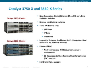 Cisco Confidential –Under NDA Only – DO NOT Distribute




                  Catalyst 3750-X and 3560-X Series
                                                                                  Next Generation Gigabit Ethernet 24 and 48 port, Data
          Catalyst 3750-X Series                                                   and PoE+ Switches
                                                                                  Linerate nonblocking switches
                                                                                  Three IOS feature sets:
                                                                                            LAN Base
                                                                                            IP Base
                                                                                            IP Services

          Catalyst 3560-X Series                                                  Innovative features, StackPower, PoE+, Encryption, Dual
                                                                                   redundant PS, Network modules
                                                                                  Enhanced LLW:
                                                                                            Next business day (NBD) advance hardware
                                                                                             replacement
                                                                                            90 Day access to Cisco Technical Assistance Center
                                                                                             (TAC) support
                                                                                  Full Energy-Wise support

Presentation_ID     © 2009 Cisco Systems, Inc. All rights reserved.   Cisco Confidential                                                                         27
 