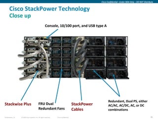 Cisco Confidential –Under NDA Only – DO NOT Distribute


      Cisco StackPower Technology
      Close up
                                                        Console, 10/100 port, and USB type A




                                                                                                             Redundant, Dual PS, either
Stackwise Plus                               FRU Dual                                    StackPower          AC/AC, AC/DC, AC, or DC
                                             Redundant Fans                              Cables              combinations

Presentation_ID   © 2009 Cisco Systems, Inc. All rights reserved.   Cisco Confidential                                                                   36
 