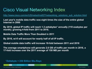 http://www.cisco.com/en/US/netsol/ns827/networking_solutions_sub_solution.html
Last year's mobile data traffic was eight times the size of the entire global
Internet in 2000
By 2016, global IP traffic will reach 1.3 zettabytes* annually (110 exabytes per
month); growing 4-fold from 2011 to 2016.
Mobile Data Traffic More Than Doubled in 2011
By 2016, wi-fi will account for nearly half of all IP traffic.
Global mobile data traffic will increase 18-fold between 2011 and 2016
The average smartphone will generate 2.6 GB of traffic per month in 2016, a
17-fold increase over the 2011 average of 150 MB per month



       *Zettabyte = 250 Billion Blu-Rays

© 2011 Cisco and/or its affiliates. All rights reserved.                Cisco Confidential   4
 