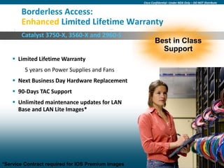 Cisco Confidential –Under NDA Only – DO NOT Distribute


           Borderless Access:
           Enhanced Limited Lifetime Warranty
           Catalyst 3750-X, 3560-X and 2960-S
                                                                                    Best in Class
                                                                                      Support
       Limited Lifetime Warranty
             5 years on Power Supplies and Fans
       Next Business Day Hardware Replacement
       90-Days TAC Support
       Unlimited maintenance updates for LAN
        Base and LAN Lite Images*




*Service ContractSystems, Inc. All rights reserved. IOS Premium Images
  Presentation_ID © 2009 Cisco required for            Cisco Confidential                                                      58
 
