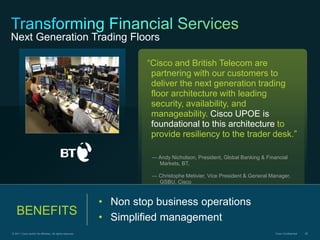 Next Generation Trading Floors

                                                                    “Cisco and British Telecom are
                                                                     partnering with our customers to
                                                                     deliver the next generation trading
                                                                     floor architecture with leading
                                                                     security, availability, and
                                                                     manageability. Cisco UPOE is
                                                                     foundational to this architecture to
                                                                     provide resiliency to the trader desk.”

                                                                     — Andy Nicholson, President, Global Banking & Financial
                                                                       Markets, BT,

                                                                     — Christophe Metivier, Vice President & General Manager,
                                                                       GSBU, Cisco



                                                           • Non stop business operations
   BENEFITS                                                • Simplified management
© 2011 Cisco and/or its affiliates. All rights reserved.                                                               Cisco Confidential   82
 