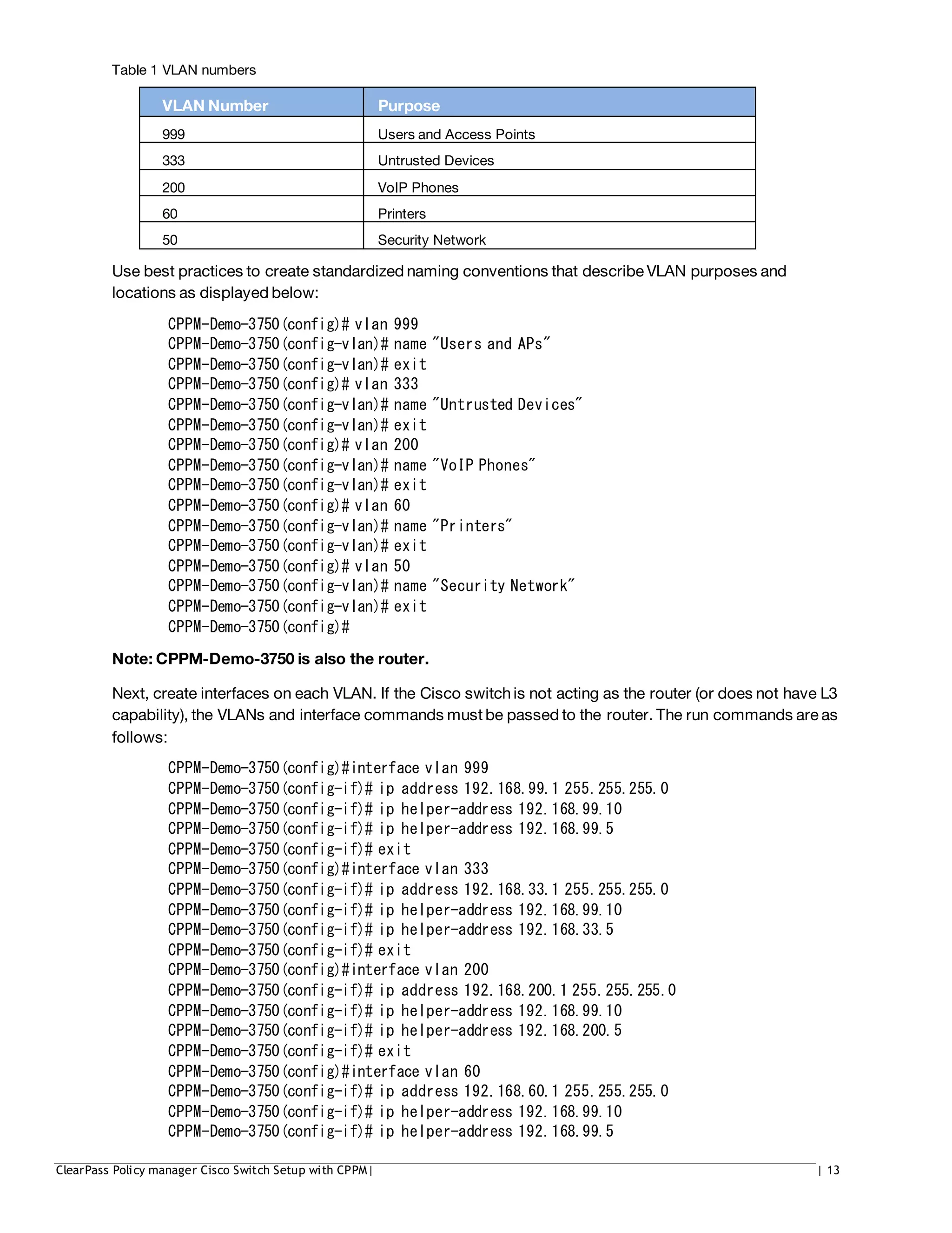 Table 1 VLAN numbers
VLAN Number Purpose
999 Users and Access Points
333 Untrusted Devices
200 VoIP Phones
60 Printers
50 Security Network
Use best practices to create standardized naming conventions that describe VLAN purposes and
locations as displayed below:
CPPM-Demo-3750(config)# vlan 999
CPPM-Demo-3750(config-vlan)# name "Users and APs"
CPPM-Demo-3750(config-vlan)# exit
CPPM-Demo-3750(config)# vlan 333
CPPM-Demo-3750(config-vlan)# name "Untrusted Devices"
CPPM-Demo-3750(config-vlan)# exit
CPPM-Demo-3750(config)# vlan 200
CPPM-Demo-3750(config-vlan)# name "VoIP Phones"
CPPM-Demo-3750(config-vlan)# exit
CPPM-Demo-3750(config)# vlan 60
CPPM-Demo-3750(config-vlan)# name "Printers"
CPPM-Demo-3750(config-vlan)# exit
CPPM-Demo-3750(config)# vlan 50
CPPM-Demo-3750(config-vlan)# name "Security Network"
CPPM-Demo-3750(config-vlan)# exit
CPPM-Demo-3750(config)#
Note: CPPM-Demo-3750 is also the router.
Next, create interfaces on each VLAN. If the Cisco switchis not acting as the router (or does not have L3
capability), the VLANs and interface commands must be passed to the router. The run commands are as
follows:
CPPM-Demo-3750(config)#interface vlan 999
CPPM-Demo-3750(config-if)# ip address 192.168.99.1 255.255.255.0
CPPM-Demo-3750(config-if)# ip helper-address 192.168.99.10
CPPM-Demo-3750(config-if)# ip helper-address 192.168.99.5
CPPM-Demo-3750(config-if)# exit
CPPM-Demo-3750(config)#interface vlan 333
CPPM-Demo-3750(config-if)# ip address 192.168.33.1 255.255.255.0
CPPM-Demo-3750(config-if)# ip helper-address 192.168.99.10
CPPM-Demo-3750(config-if)# ip helper-address 192.168.33.5
CPPM-Demo-3750(config-if)# exit
CPPM-Demo-3750(config)#interface vlan 200
CPPM-Demo-3750(config-if)# ip address 192.168.200.1 255.255.255.0
CPPM-Demo-3750(config-if)# ip helper-address 192.168.99.10
CPPM-Demo-3750(config-if)# ip helper-address 192.168.200.5
CPPM-Demo-3750(config-if)# exit
CPPM-Demo-3750(config)#interface vlan 60
CPPM-Demo-3750(config-if)# ip address 192.168.60.1 255.255.255.0
CPPM-Demo-3750(config-if)# ip helper-address 192.168.99.10
CPPM-Demo-3750(config-if)# ip helper-address 192.168.99.5
ClearPass Policy manager Cisco Switch Setup with CPPM| | 13
 