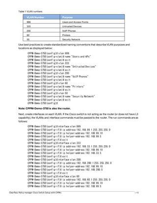 Table 1 VLAN numbers
VLAN Number Purpose
999 Users and Access Points
333 Untrusted Devices
200 VoIP Phones
60 Printers
50 Security Network
Use best practices to create standardized naming conventions that describe VLAN purposes and
locations as displayed below:
CPPM-Demo-3750(config)# vlan 999
CPPM-Demo-3750(config-vlan)# name "Users and APs"
CPPM-Demo-3750(config-vlan)# exit
CPPM-Demo-3750(config)# vlan 333
CPPM-Demo-3750(config-vlan)# name "Untrusted Devices"
CPPM-Demo-3750(config-vlan)# exit
CPPM-Demo-3750(config)# vlan 200
CPPM-Demo-3750(config-vlan)# name "VoIP Phones"
CPPM-Demo-3750(config-vlan)# exit
CPPM-Demo-3750(config)# vlan 60
CPPM-Demo-3750(config-vlan)# name "Printers"
CPPM-Demo-3750(config-vlan)# exit
CPPM-Demo-3750(config)# vlan 50
CPPM-Demo-3750(config-vlan)# name "Security Network"
CPPM-Demo-3750(config-vlan)# exit
CPPM-Demo-3750(config)#
Note: CPPM-Demo-3750 is also the router.
Next, create interfaces on each VLAN. If the Cisco switchis not acting as the router (or does not have L3
capability), the VLANs and interface commands must be passed to the router. The run commands are as
follows:
CPPM-Demo-3750(config)#interface vlan 999
CPPM-Demo-3750(config-if)# ip address 192.168.99.1 255.255.255.0
CPPM-Demo-3750(config-if)# ip helper-address 192.168.99.10
CPPM-Demo-3750(config-if)# ip helper-address 192.168.99.5
CPPM-Demo-3750(config-if)# exit
CPPM-Demo-3750(config)#interface vlan 333
CPPM-Demo-3750(config-if)# ip address 192.168.33.1 255.255.255.0
CPPM-Demo-3750(config-if)# ip helper-address 192.168.99.10
CPPM-Demo-3750(config-if)# ip helper-address 192.168.33.5
CPPM-Demo-3750(config-if)# exit
CPPM-Demo-3750(config)#interface vlan 200
CPPM-Demo-3750(config-if)# ip address 192.168.200.1 255.255.255.0
CPPM-Demo-3750(config-if)# ip helper-address 192.168.99.10
CPPM-Demo-3750(config-if)# ip helper-address 192.168.200.5
CPPM-Demo-3750(config-if)# exit
CPPM-Demo-3750(config)#interface vlan 60
CPPM-Demo-3750(config-if)# ip address 192.168.60.1 255.255.255.0
CPPM-Demo-3750(config-if)# ip helper-address 192.168.99.10
CPPM-Demo-3750(config-if)# ip helper-address 192.168.99.5
ClearPass Policy manager Cisco Switch Setup with CPPM| | 13
 