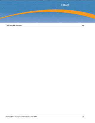 Tables
Table 1 VLAN numbers.................................................................................................................................13
ClearPass Policy manager Cisco Switch Setup with CPPM| | 7
 