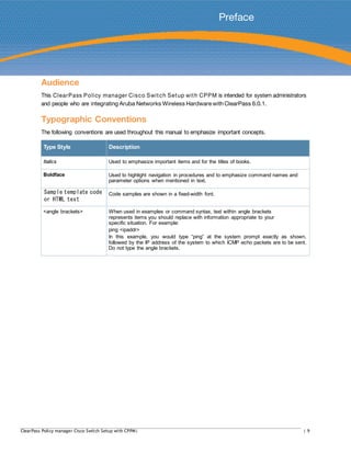 Preface
Audience
This ClearPass Policy manager Cisco Switch Setup with CPPM is intended for system administrators
and people who are integrating Aruba Networks Wireless Hardware withClearPass 6.0.1.
Typographic Conventions
The following conventions are used throughout this manual to emphasize important concepts.
Type Style Description
Italics Used to emphasize important items and for the titles of books.
Boldface Used to highlight navigation in procedures and to emphasize command names and
parameter options when mentioned in text.
Sample template code
or HTML text
Code samples are shown in a fixed-width font.
<angle brackets> When used in examples or command syntax, text within angle brackets
represents items you should replace with information appropriate to your
specific situation. For example:
ping <ipaddr>
In this example, you would type “ping” at the system prompt exactly as shown,
followed by the IP address of the system to which ICMP echo packets are to be sent.
Do not type the angle brackets.
ClearPass Policy manager Cisco Switch Setup with CPPM| | 9
 
