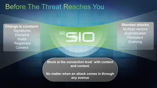 Change is constant:                                                                                                              Blended attacks
    Signatures                                                                                                                    Multiple vectors
     Domains                                                                                                                       Sophisticated
      Hosts                                                                                                                         Persistent
    Registrars                                                                                                                       Evolving
     Content



                                                                                    Block at the connection level with content
                                                                                                   and context.

                                                                                    No matter when an attack comes in through
                                                                                                   any avenue

20   © 2012 Cisco and/or its affiliates. All rights reserved. Cisco Confidential.
 