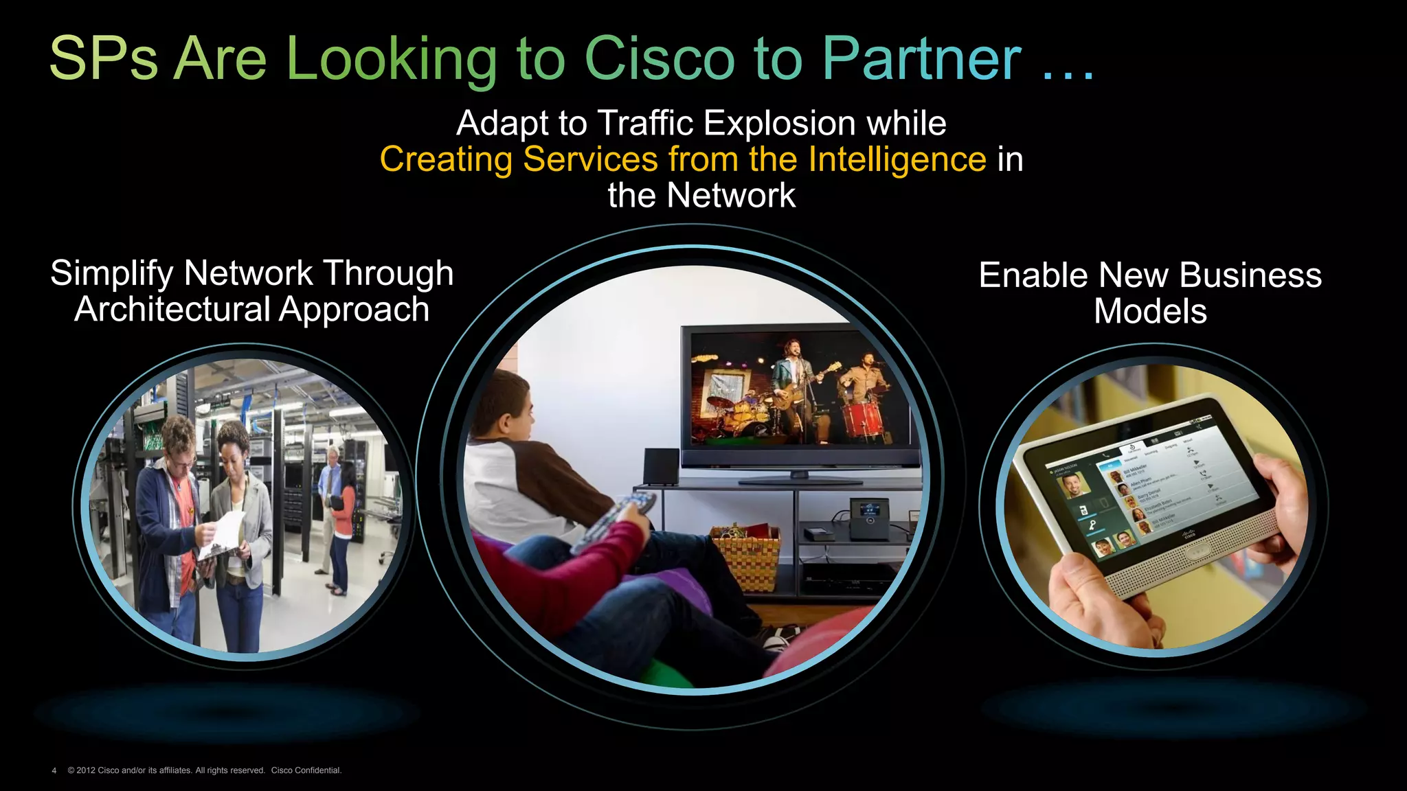 Adapt to Traffic Explosion while
                                                                                   Creating Services from the Intelligence in
                                                                                                 the Network

Simplify Network Through                                                                                                 Enable New Business
 Architectural Approach                                                                                                        Models




4   © 2012 Cisco and/or its affiliates. All rights reserved. Cisco Confidential.
 