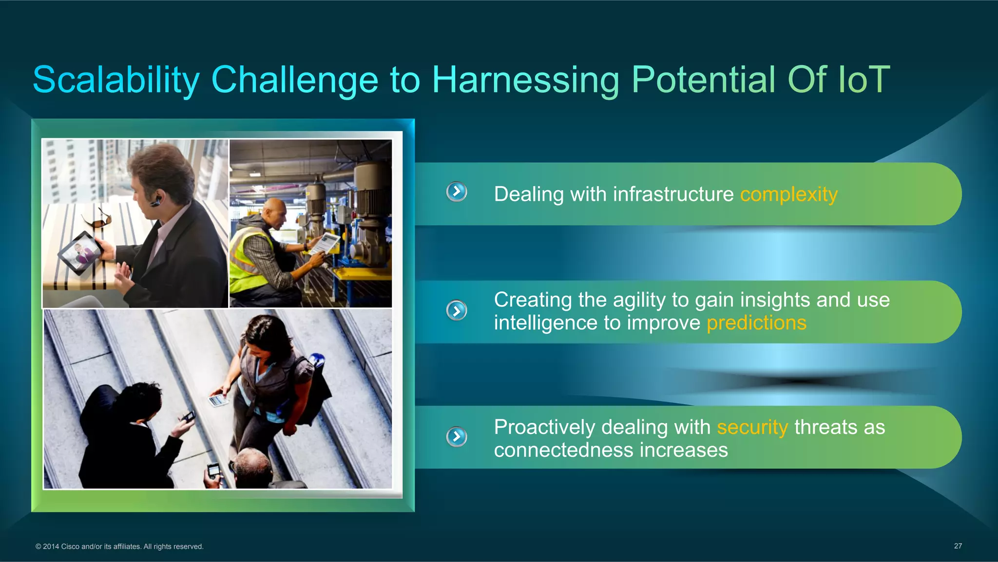© 2014 Cisco and/or its affiliates. All rights reserved. 27
Creating the agility to gain insights and use
intelligence to improve predictions
Dealing with infrastructure complexity
Proactively dealing with security threats as
connectedness increases
 