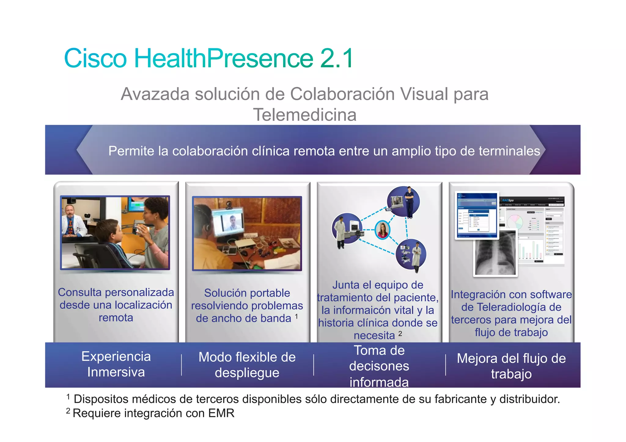 Avazada solución de Colaboración Visual para
                                              Telemedicina
                        Permite la colaboración clínica remota entre un amplio tipo de terminales




                                                                                            Junta el equipo de
Consulta personalizada                                         Solución portable        tratamiento del paciente,    Integración con software
desde una localización                                      resolviendo problemas        la informaicón vital y la     de Teleradiología de
        remota                                               de ancho de banda 1        historia clínica donde se    terceros para mejora del
                                                                                                 necesita 2               flujo de trabajo

         Experiencia                                                                           Toma de
                                                             Modo flexible de                                         Mejora del flujo de
          Inmersiva                                                                           decisones
                                                               despliegue                                                  trabajo
                                                                                              informada
 1 Dispositos médicos de terceros disponibles sólo directamente de su fabricante y distribuidor.
 2 Requiere integración con EMR
 © 2010 Cisco and/or its affiliates. All rights reserved.                      EDCS-1127909                                     Cisco Confidential   17
 