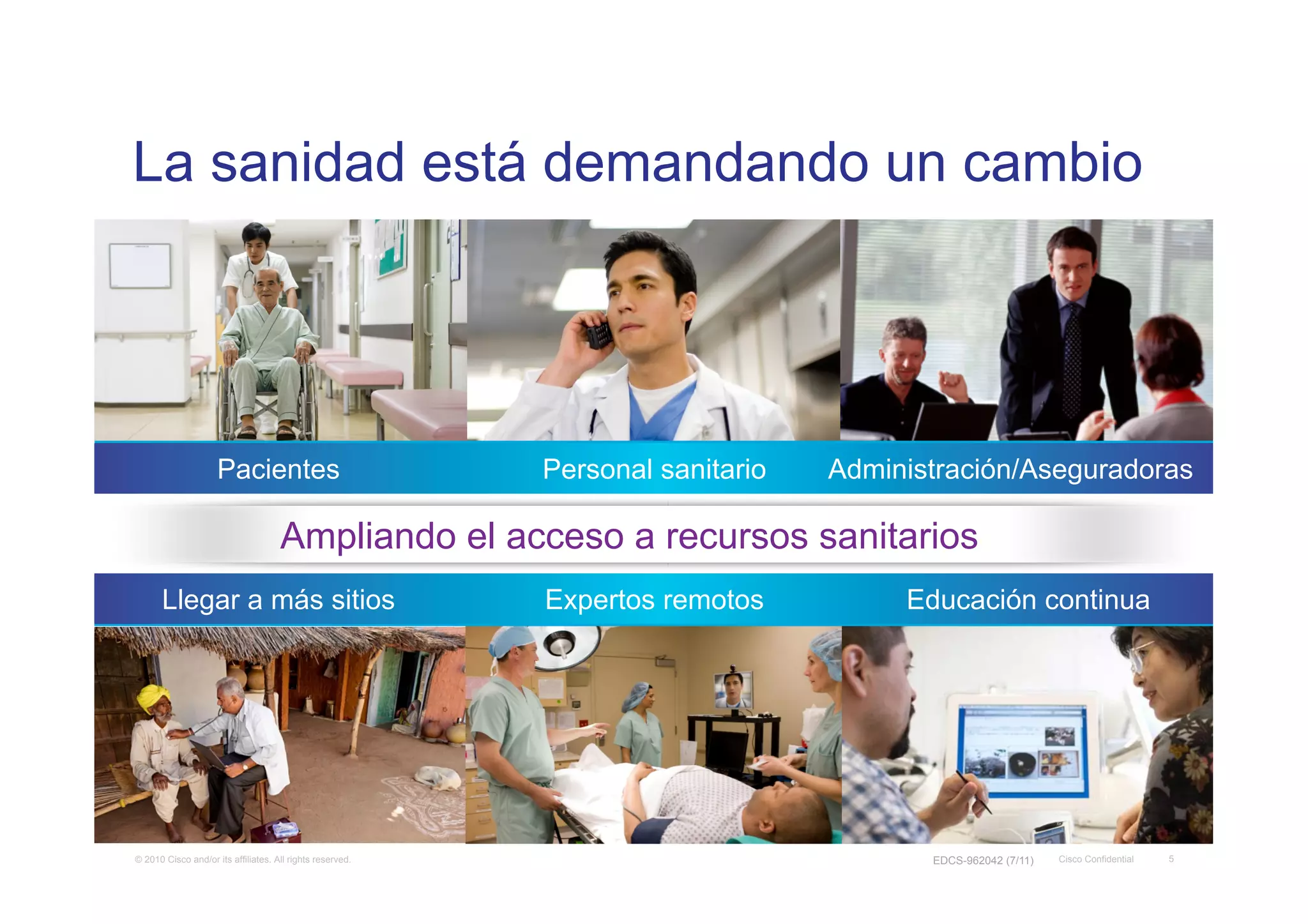 La sanidad está demandando un cambio




                     Pacientes                             Personal sanitario   Administración/Aseguradoras

                                     Ampliando el acceso a recursos sanitarios
      Llegar a más sitios                                  Expertos remotos          Educación continua




© 2010 Cisco and/or its affiliates. All rights reserved.                               EDCS-962042 (7/11)   Cisco Confidential   5
 