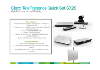 High Performance and Flexibility



                             Key features
      •  Transforms a flat panel display into a 1080p HD
                             meeting space
     •  Provides up to 1080p60 main video and 1080p15
                             content sharing
                   •  4-way embedded MultiSite.
                      •  Sleek, compact design
         •  Same UI, feature set, and APIs as C-Series
                            portfolio (TC 5.0)
             •  Cisco Telepresence Touch 8 (optional)

                        Customer benefits
                •  Best value offering in the market
          •  Compact and flexible for your individual video
                                needs.
          •  Consistent and easy – Part of the Cisco Total
                               Solution




© 2010 Cisco and/or its affiliates. All rights reserved.      Cisco Confidential   20
 