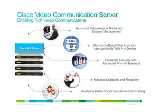 Advanced Telepresence Media and
                                                                     Session Management



                                                                      Standards-Based Protocols and
       Cisco VCS Cluster                                              Interoperability With Any Device


                                                                             Enterprise Security with
                                                                            Advanced Firewall Traversal




                                                                      Massive Scalability and Reliability


                                                              Seamless Unified Communications Interworking



© 2010 Cisco and/or its affiliates. All rights reserved.                                        Cisco Confidential   31
 