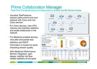 •  Visualize TelePresence
  session paths end-to-end over
  network with Cisco and non-
  Cisco devices
•  For Cisco devices, view CPU,
  memory and interface statistics
  and locate bottlenecks in the
  network

•  For Medianet enabled devices,
  view jitter and packet loss
  statistics and DSCP
  information to locate hot spots
  impacting session quality
•  With Medianet Performance
  Monitor integration, gain
  deeper visibility into flow-
  related statistics at hot spots

  © 2010 Cisco and/or its affiliates. All rights reserved.   Cisco Confidential   41
 