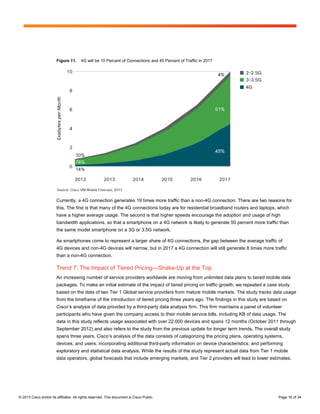 Figure 11.      4G will be 10 Percent of Connections and 45 Percent of Traffic in 2017




                        Currently, a 4G connection generates 19 times more traffic than a non-4G connection. There are two reasons for
                        this. The first is that many of the 4G connections today are for residential broadband routers and laptops, which
                        have a higher average usage. The second is that higher speeds encourage the adoption and usage of high
                        bandwidth applications, so that a smartphone on a 4G network is likely to generate 50 percent more traffic than
                        the same model smartphone on a 3G or 3.5G network.

                        As smartphones come to represent a larger share of 4G connections, the gap between the average traffic of
                        4G devices and non-4G devices will narrow, but in 2017 a 4G connection will still generate 8 times more traffic
                        than a non-4G connection.

                        Trend 7: The Impact of Tiered Pricing—Shake-Up at the Top
                        An increasing number of service providers worldwide are moving from unlimited data plans to tiered mobile data
                        packages. To make an initial estimate of the impact of tiered pricing on traffic growth, we repeated a case study
                        based on the data of two Tier 1 Global service providers from mature mobile markets. The study tracks data usage
                        from the timeframe of the introduction of tiered pricing three years ago. The findings in this study are based on
                        Cisco’s analysis of data provided by a third-party data analysis firm. This firm maintains a panel of volunteer
                        participants who have given the company access to their mobile service bills, including KB of data usage. The
                        data in this study reflects usage associated with over 22,000 devices and spans 12 months (October 2011 through
                        September 2012) and also refers to the study from the previous update for longer term trends. The overall study
                        spans three years. Cisco’s analysis of the data consists of categorizing the pricing plans, operating systems,
                        devices, and users; incorporating additional third-party information on device characteristics; and performing
                        exploratory and statistical data analysis. While the results of the study represent actual data from Tier 1 mobile
                        data operators, global forecasts that include emerging markets, and Tier 2 providers will lead to lower estimates.




© 2013 Cisco and/or its affiliates. All rights reserved. This document is Cisco Public.                                              Page 16 of 34
 
