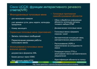 © 2012 Cisco and/or its affiliates. All rights reserved. Cisco Confidential 10
•  Многоуровневые голосовые меню
•  для нескольких номеров
•  учет времени суток, день недели, календарь
праздников
•  Номер звонящего
•  Сервисные голосовые меню (приложения)
•  Запись голосовых сообщений
•  Переключение режима работы
голосового меню
•  Использование в голосовых меню
внешних данных
•  документам в форматах XML
•  Базам данных через ODBC
•  Web-данным через HTTP
•  Голосовые приложения
самообслуживания абонентов
•  Сбор и обработка информации
абонента, используя сигналы
тонового набора DTMF
•  Динамические голосовые меню
•  Голосовые меню в формате
опросов / анкет
•  Автоматическая исходящая связь
(автоматическое уведомление)
•  Распознавание (ASR) и
переключение на сотрудника по
имени
•  Генерация голоса (TTS) и
зачитывание текста автоматического
уведомления
•  Идентификация абонента по голосу
http://www.speechpro.ru/product/analysis/id/biometrics/voicekey
 