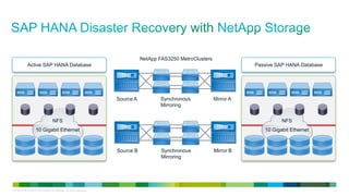 NetApp FAS3250 MetroClusters
Active SAP HANA Database

Passive SAP HANA Database

Source A

Synchronous
Mirroring

Mirror A

NFS

NFS

10 Gigabit Ethernet

10 Gigabit Ethernet

Source B

LE-40107-00 © 2013 Cisco and/or its affiliates. All rights reserved.

Synchronous
Mirroring

Mirror B

13

 
