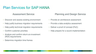 Assessment Service

Planning and Design Service

• Discover and assess existing environment

• Provide an architecture assessment

• Help justify business migration requirements

• Provide a data analytics assessment

• Help justify technical migration requirements

• Deliver a proof of concept (PoC)

• Confirm customer priorities

• Help prepare for a sound implementation

• Analyze and confirm return-on-investment

(ROI) requirements
• Determine migration time frames

LE-40107-00 © 2013 Cisco and/or its affiliates. All rights reserved.

17

 