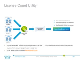 License Count Utility
Cisco Connect 2017 © 2017 Cisco and/or its affiliates. All rights reserved. 064
CUCM 6.x
CUCM 7.x
CUCM 8.x
License Count
Utility
LCU-License-
Report.zip licensing@cisco.com
1. Число телефонов без владельца
2. Предустановочный отчет или номер кейса
для группы лицензирования
3. UCSS/ESW/SWSS контракт или номер SO
• Осуществляет AXL запросы к существующим CUCM (6.x, 7.x и 8.x) кластерам для подсчета существющих
лицензий и генерации предустановочного отчета
• Отчет может быть послан на licensing@cisco.com
 